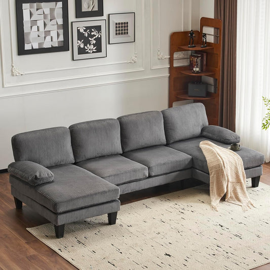 Karl home U-Shape Sectional Sofa Couch 111" Modern 4-Seat Sofa with Chaises Corduroy Fabric Upholstered Covertible Couch with Wood Grain Legs for Living Room, Reception Room, Apartment, Dark Gray