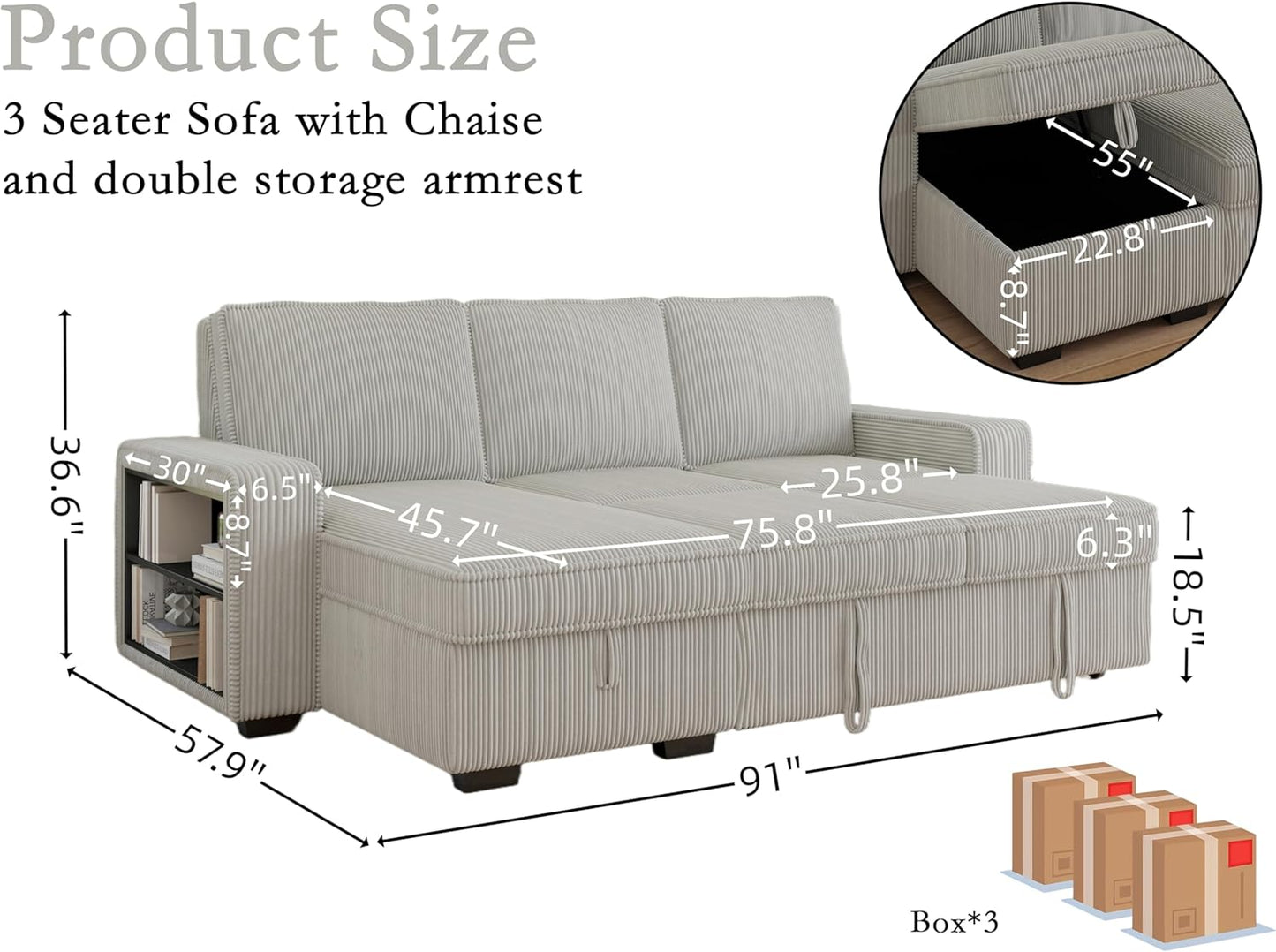 91-inch Reversible Sectional Sleeper