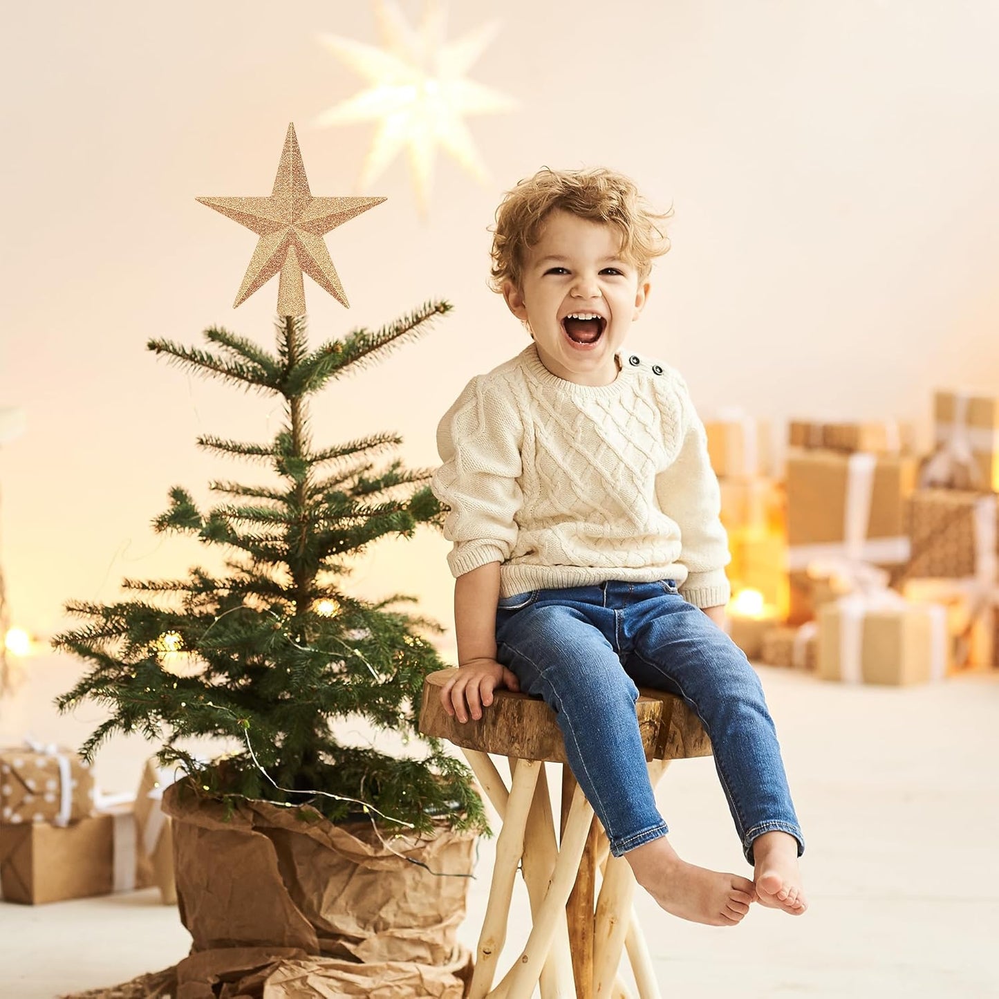 1PCS Xmas Tree Topper, 4" Star Christmas Tree Topper Glitter, Mini Bethlehem Star Xmas Shatterproof Tree Topper Decorations, Waterproof Christmas for Holiday Home Indoor & Outdoor Ornament