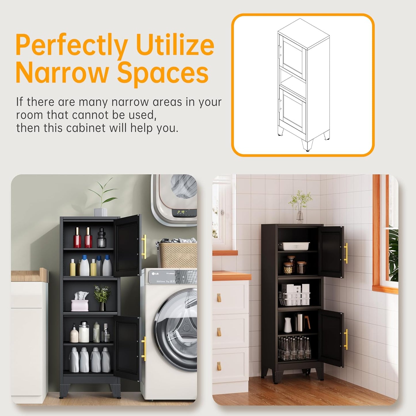 47.24" H Metal Narrow Bathroom Storage Cabinet Pantry Storage Cabinet, 2 Adjustable Shelves for Kitchen, Home Office, Living Room, Dinning Room (Black)