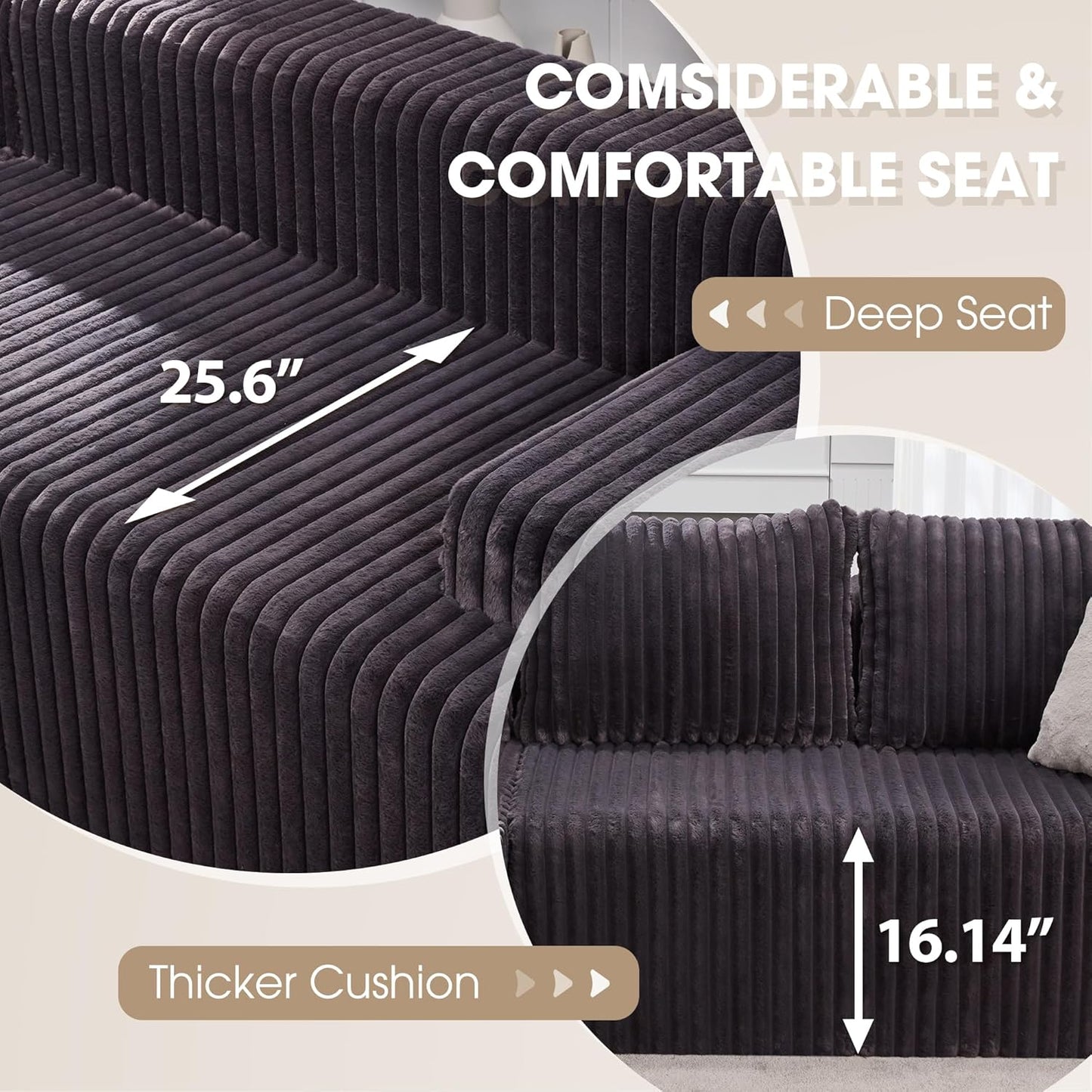 Hobestluk 96” Modular Sectional Sofa Couches L-Shape Couch 3 Seat Modular Sofa Memory Foam Sectional Couches for Living Room, Cloud Couch with Oversized Chaise (Grey, Stripe (Right Facing Chaise))