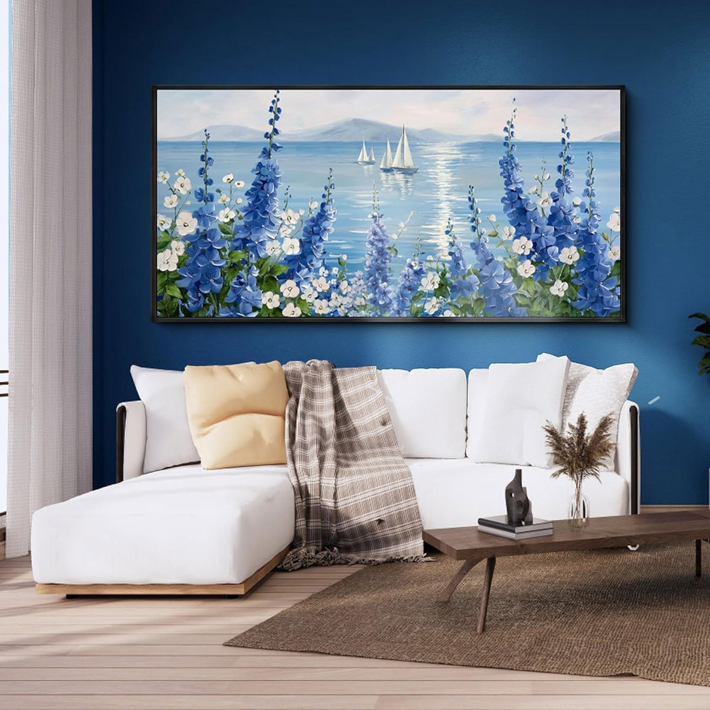 XLSJERST Large Sailboat Wall Art - Blue Canvas Abstract Painting Textured Picture Artwork Vintage Nautical Flower Painting Coastal Modern Print 29"x58" Frame for Living Room Bedroom Home Decoration