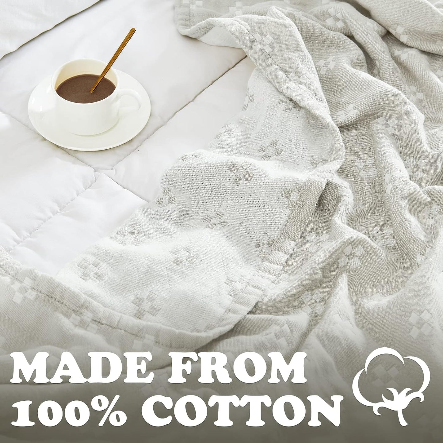 jinchan Boho 100% Cotton Blanket Muslin Twin Size 60x80 Inches Lightweight 3-Layer Geometric Cross Pattern Reversible Quilt Throw Soft Breathable Comfy All Seasons for Couch Bed Decor, Light Grey