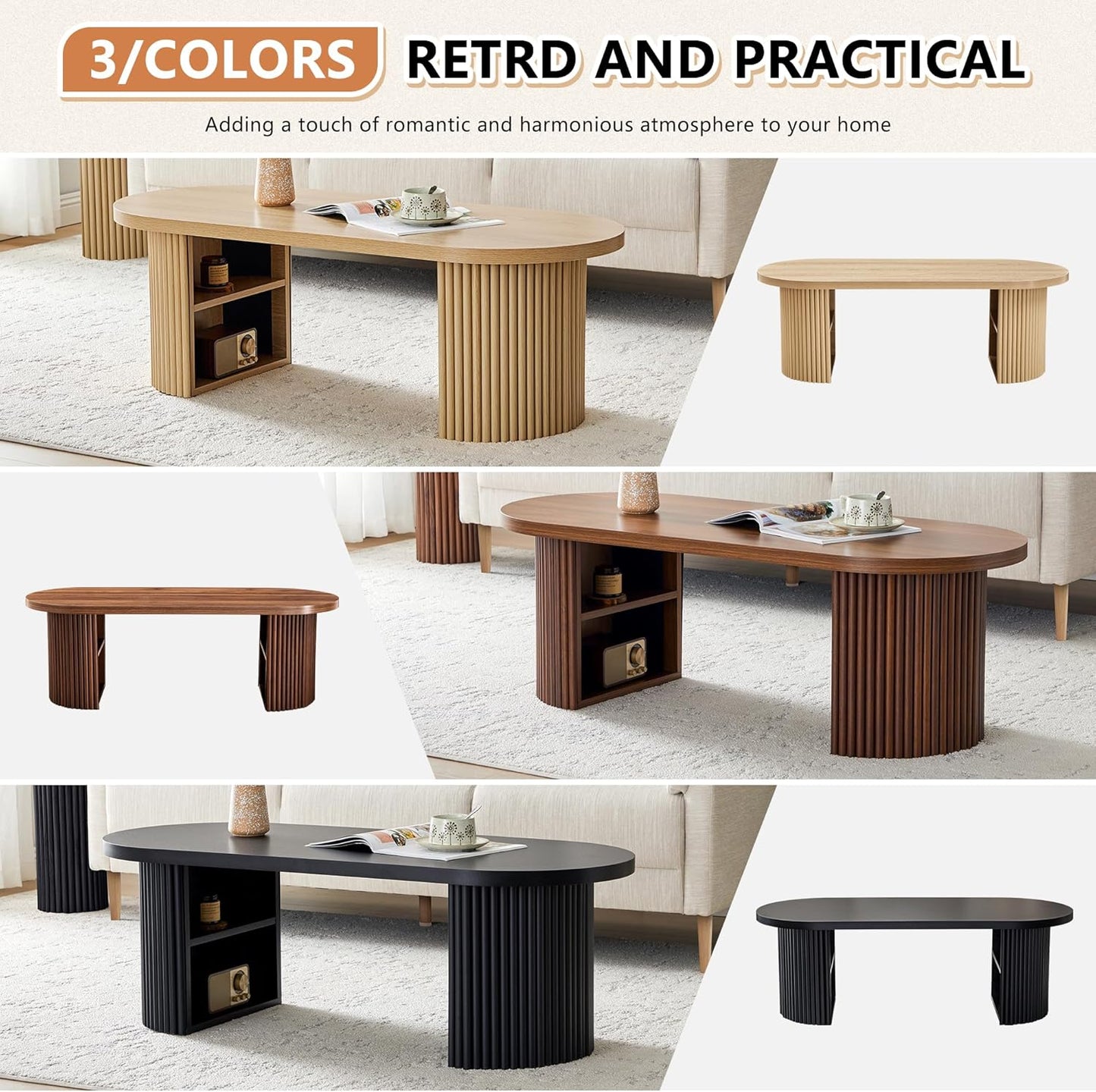 Oval Fluted Coffee Table, 47" Farmhouse Wood Coffee Table Mid Century Modern Center Table Boho Living Room Tables for Living Room Office,Walnut