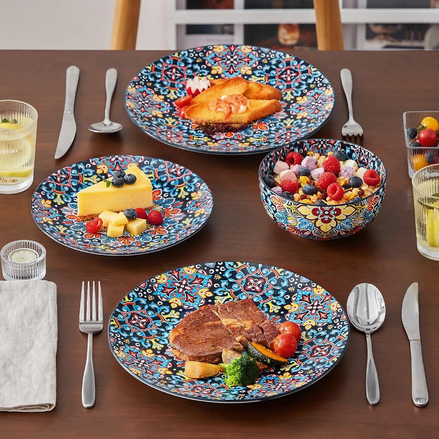 vancasso 12 Pieces Dinnerware Sets, Red Plates and Bowls Set, Porcelain Dishes Set for 4, Microwave and Dishwasher Safe, Scratch Resistant, Bohemian Style Dining Ware Service for 4, Series SIMI