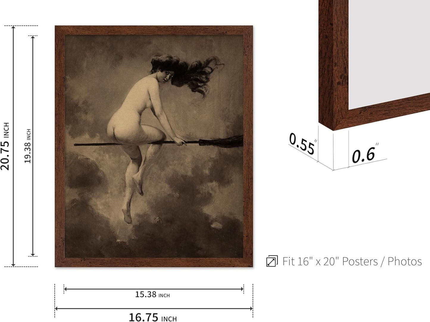 Poster Master Vintage Albert Joseph Penot Poster - Retro Halloween Print - Gift for Artist, Friend - Departure for the Sabbath, Naked Witch on Broom - Wall Decor for Bedroom, 16x20 Brown Framed