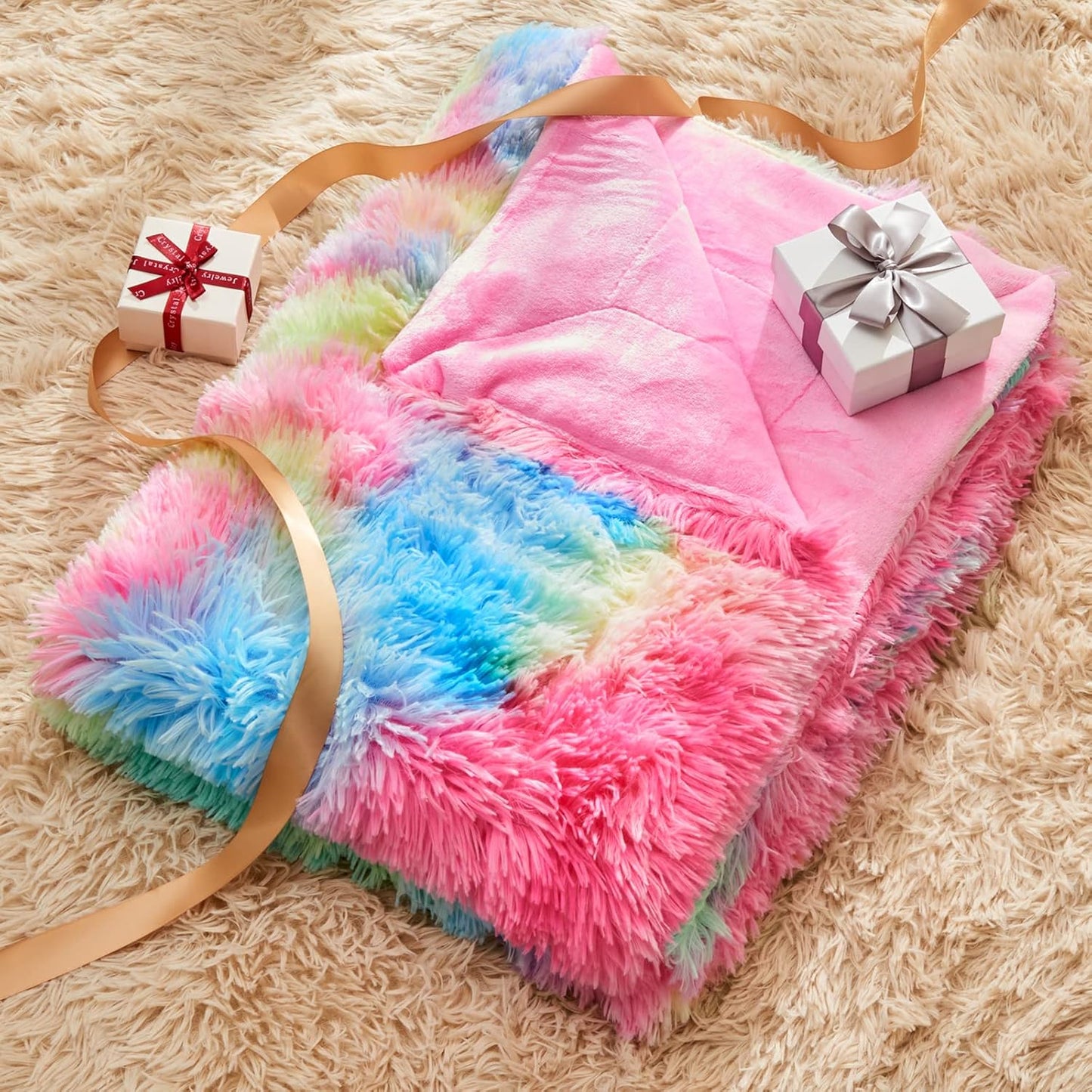 GONAAP Fuzzy Faux Fur Throw Blanket Twin Size Dark Rainbow Super Soft Cozy Plush Fuzzy Shaggy Blanket for Couch Sofa Bed (Dark Rainbow, Twin(60"x80"))