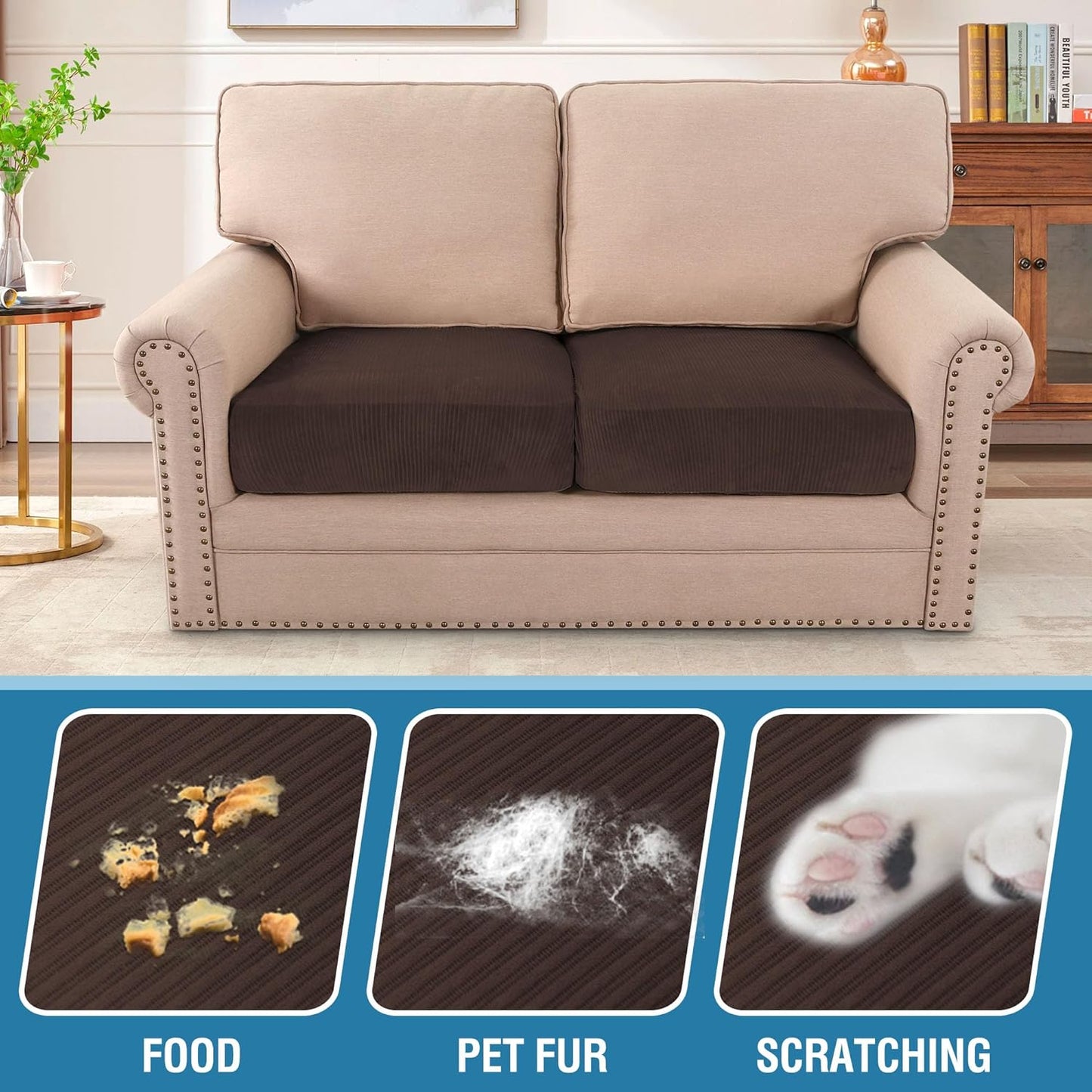 H.VERSAILTEX Velvet Stretch Couch Cushion Cover Plush Cushion Slipcover for Chair Loveseat Sofa Cushion Furniture Protector Seat Cushion Sofa Cover (2 Piece Large Sofa Cushion Covers, Brown Striped)