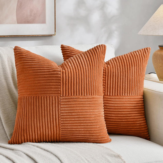 Fancy Homi 2 Packs Orange Fall Decorative Throw Pillow Covers 16x16 Inch for Living Room Couch Bed Sofa, Farmhouse Boho Home Decor, Soft Corss Patchwork Corduroy Textured Square Cushion Case 40x40 cm