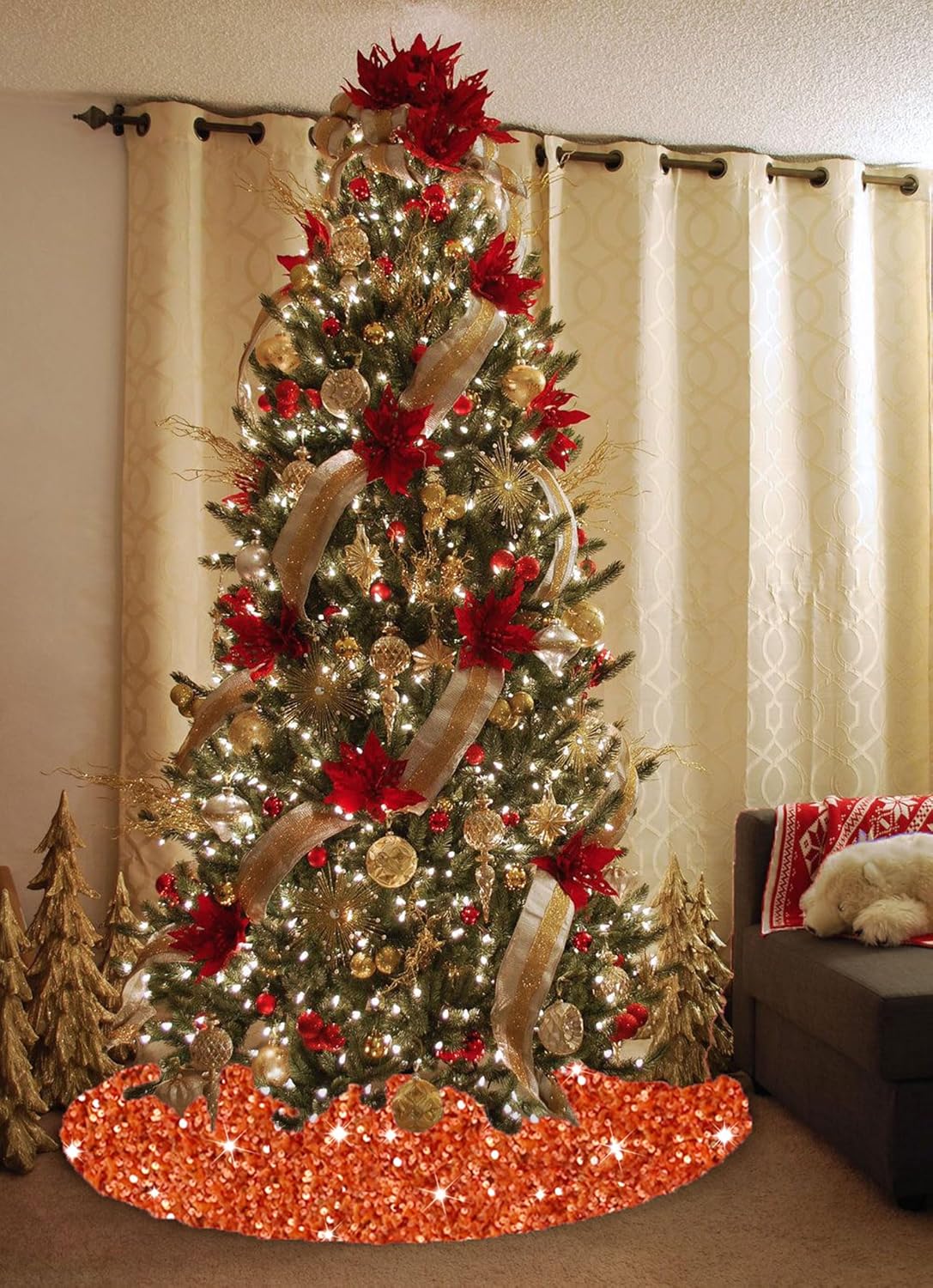 MODFUNS Orange Christmas Tree Skirt 60 Inch Sequin Xmas Tree Skirts Velvet Tree Mat Sparkly Fall Tree Skirt Burnt Orange Round Thanksgiving Tree Base Cover for Artificial Trees Christmas Day Ornaments