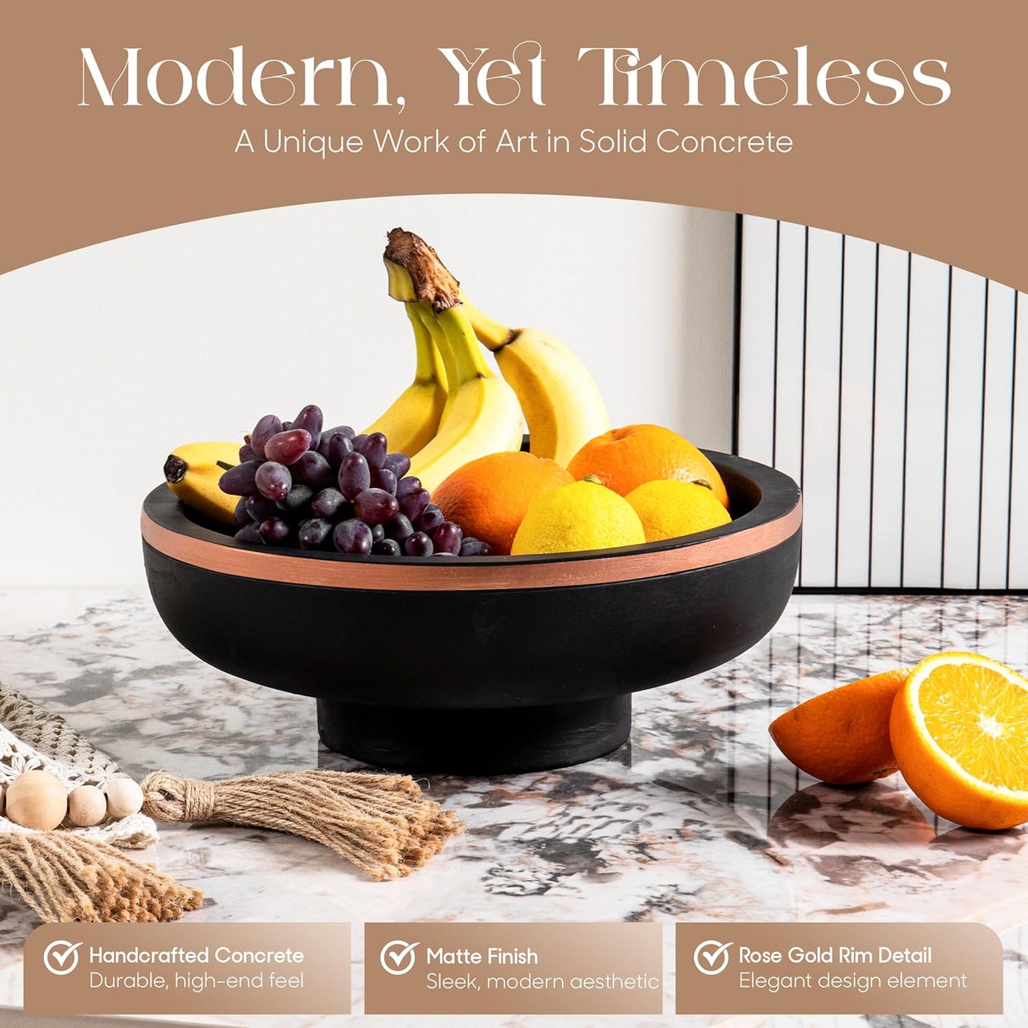 Concrete Fruit Bowl for Kitchen Counter - Large Decorative Bowls for Home Decor - Modern Key Bowl for Entryway Table - Hand-Poured Pedestal Bowl for Keys