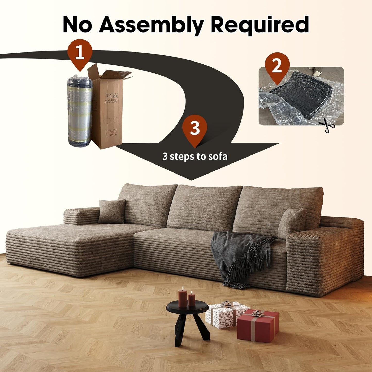 108" Sectional Couches for Living Room Modern Modular Sofa with L-Shape Couchs Upholstered Boneless Couch Deep Seat Sectional Couch with Chaise (Camel, Left Facing Chaise+2Seaters)