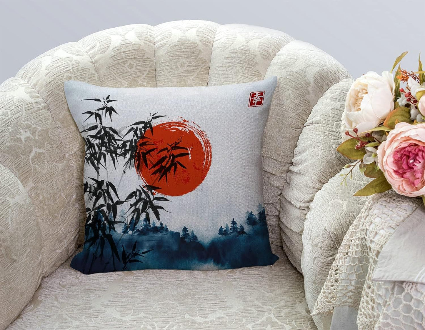 TSSOHU Throw Pillow Cover Japanese Bamboo Pillow case Asian Ink Painting Black Tree Stems Red Sun Mountains Decorative Pillow Case Funny Home Decor Square 18 x 18 Inch Cushion Pillowcase