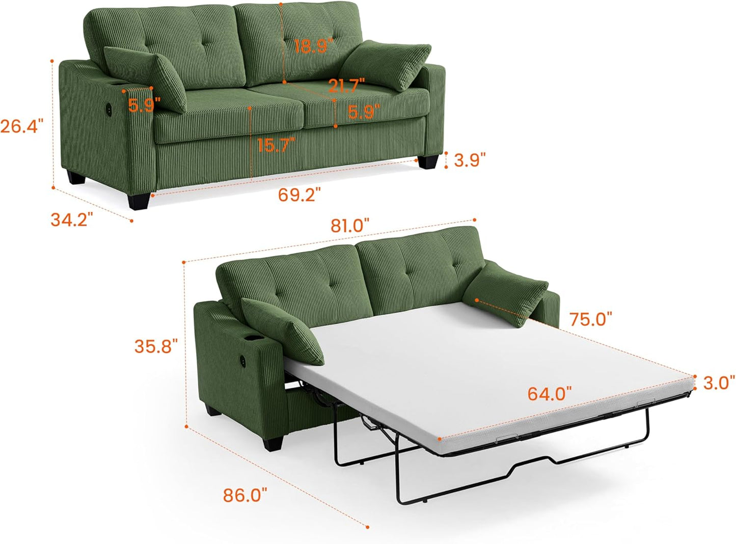 Pull Out Sofa Bed, Full Size Sleeper Sofa, 2-in-1 Convertible Corduroy Couch with USB Charging, Memory Form Couch for Living Room, Apartment and Small Space (Green, Corduroy - Queen Size)