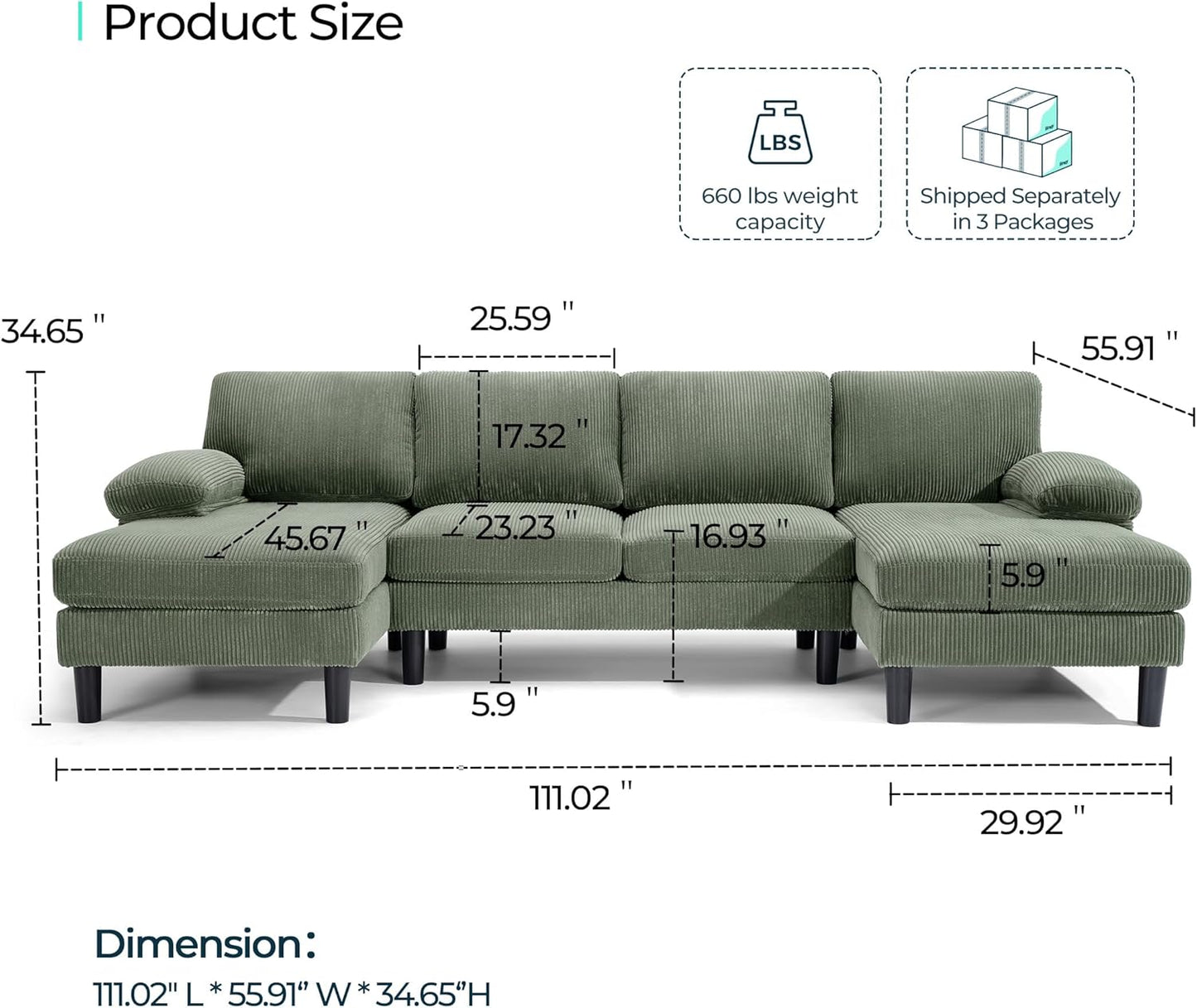 LINSY HOME Sectional Couch, 111'' W Corduroy U Shaped Sofa with Sleepable Armrests, 4 Seat Couch with Double Chaises, Deep Seat Sofa for Living Room, Army Green