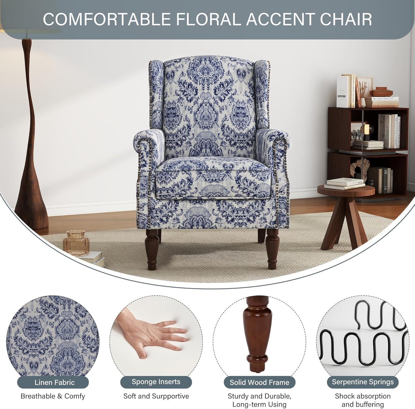 UIXE High Back Floral Accent Chair, Fabric Upholstered Armchair for Living Room, Retro Wingback Arm Chair with Solid Wood Legs, Nailhead Trim Single Sofa Bedroom Reading Seat - Navy Blue