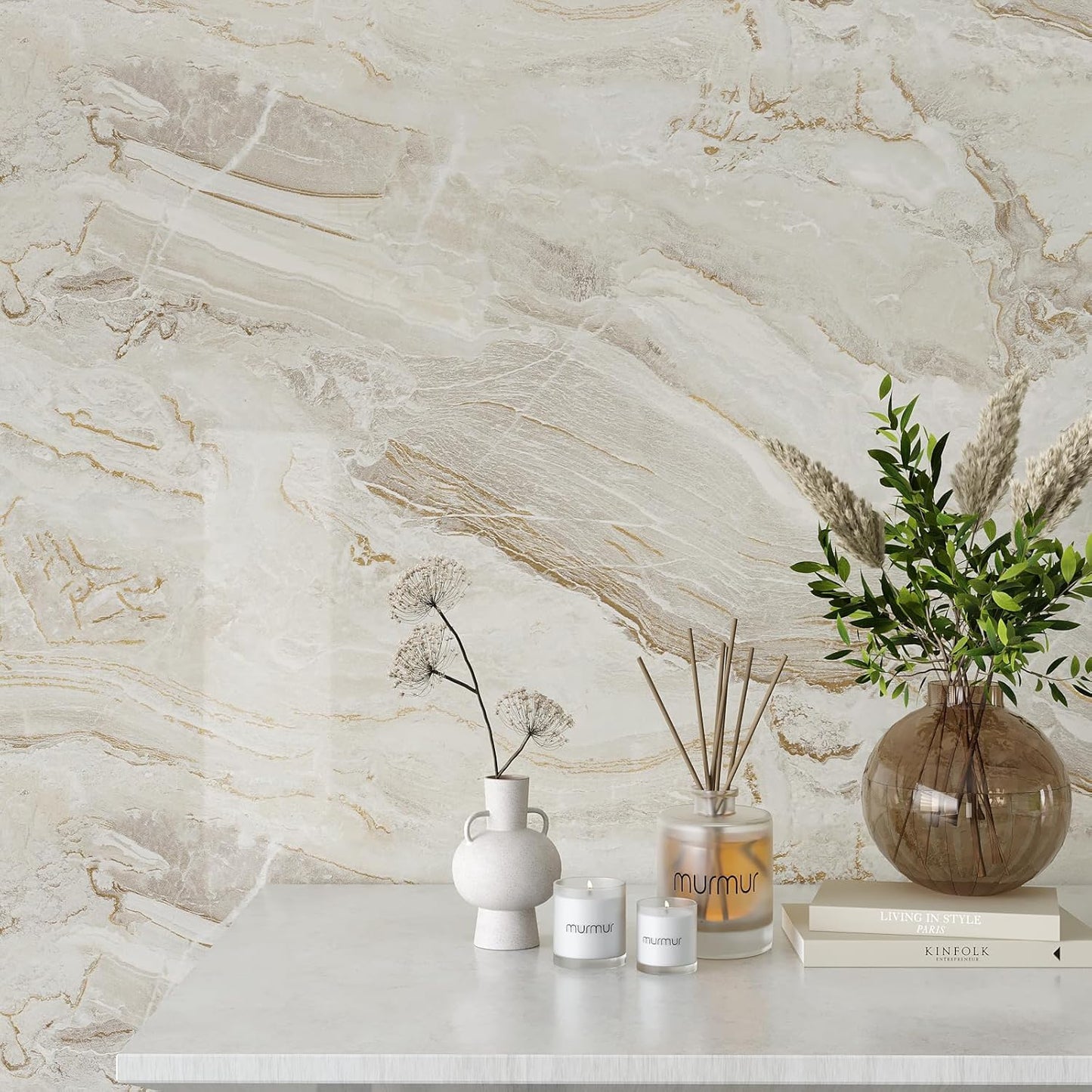 VEELIKE Glossy Beige Gold Liquid Marble Contact Paper for Countertops Waterproof Peel and Stick Countertops for Kitchen Marble Wallpaper 15.7''x354'' Self Adhesive Countertop Vinyl for Bathroom Walls