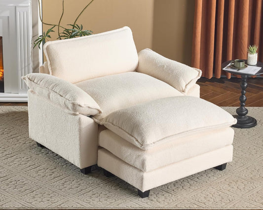 Karl home Oversized Accent Chair Teddy Fleece Sofa with Chaise, Modern Sofa Chair with Removable Ottoman Modular 1-Seater Couch and 2-Layer Ottoman for Living Room, Apartment, Studio, Beige
