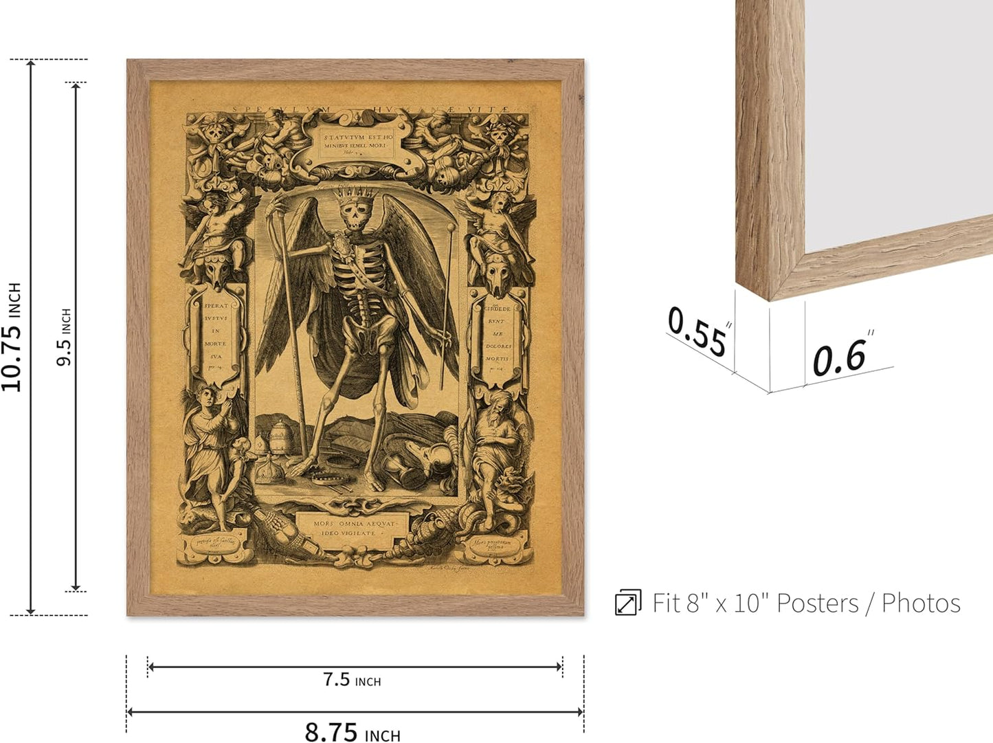 Poster Master Vintage Medieval Poster - Retro Gothic Print - Gift for Artist, Friend - Angel of Death, Memento Mori, Life, Skeleton, Dark - Wall Decor for Home, Living Room, 8x10 Beige Framed