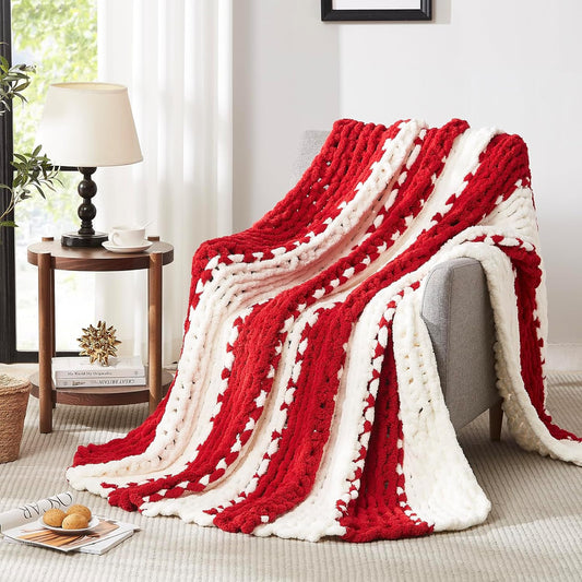 L'AGRATY Chunky Knit Blanket Throw: 72''x84'' Chenille Chunky Knitted Throw Blanket for Bed Couch - Handmade Thick Big Cable Knit Blanket - Large Chunky Crochet Blanket for Home Decor(Red White)