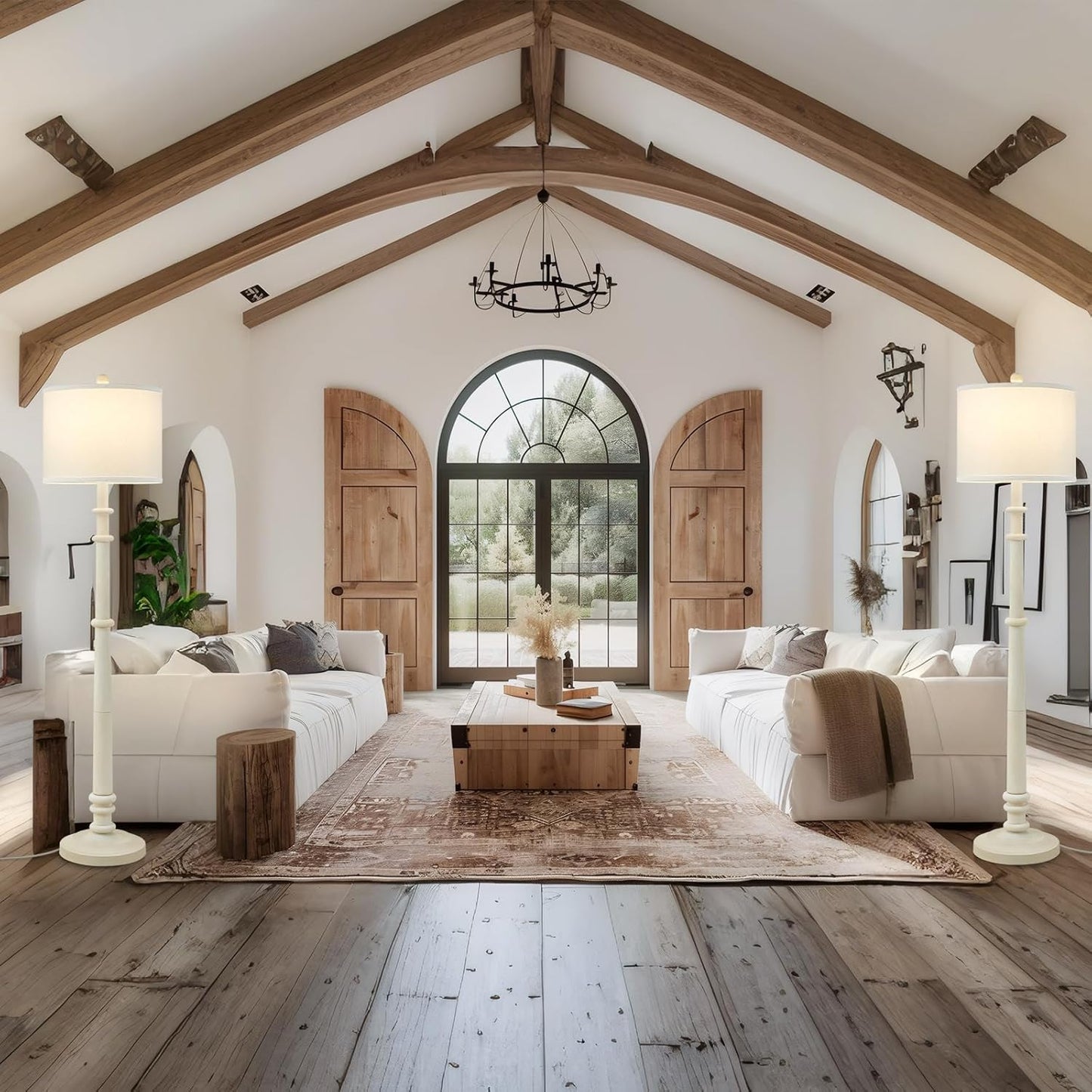 Floor Lamps for Living Room - 60" Resin Farmhouse Floor Lamp with 3 Color Temperatures - Vintage Standing Lamp Reading Light with Linen Shade Retro Tall Lamp for Bedroom Office, Almond White