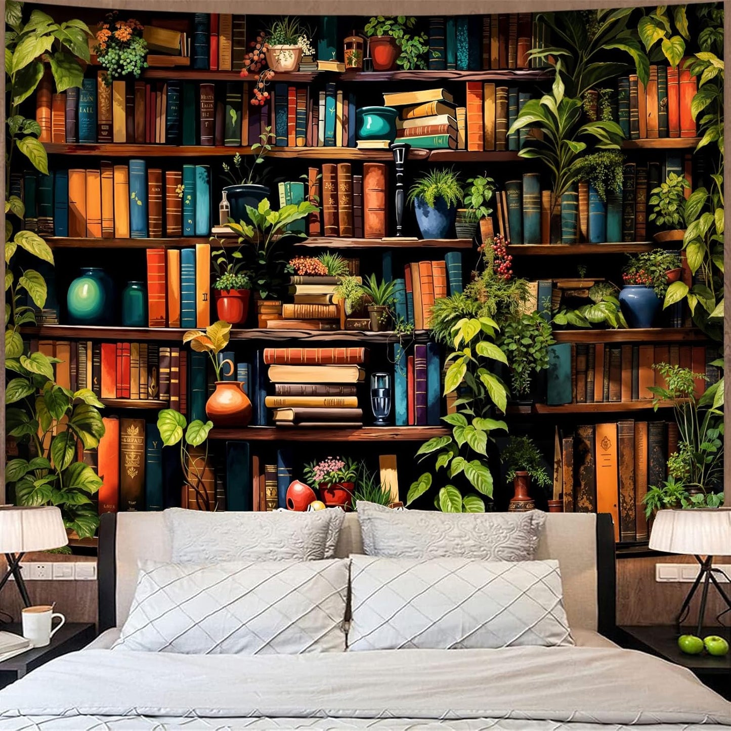 Accnicc Botanical Bookshelf Tapestry Lush Green Plant Book Shelf Tapestries Wall Hanging Art Vintage Retro Potted Plants Academics Library Book Tapestry for Bedroom Living Room Dorm 80 x 60 inch
