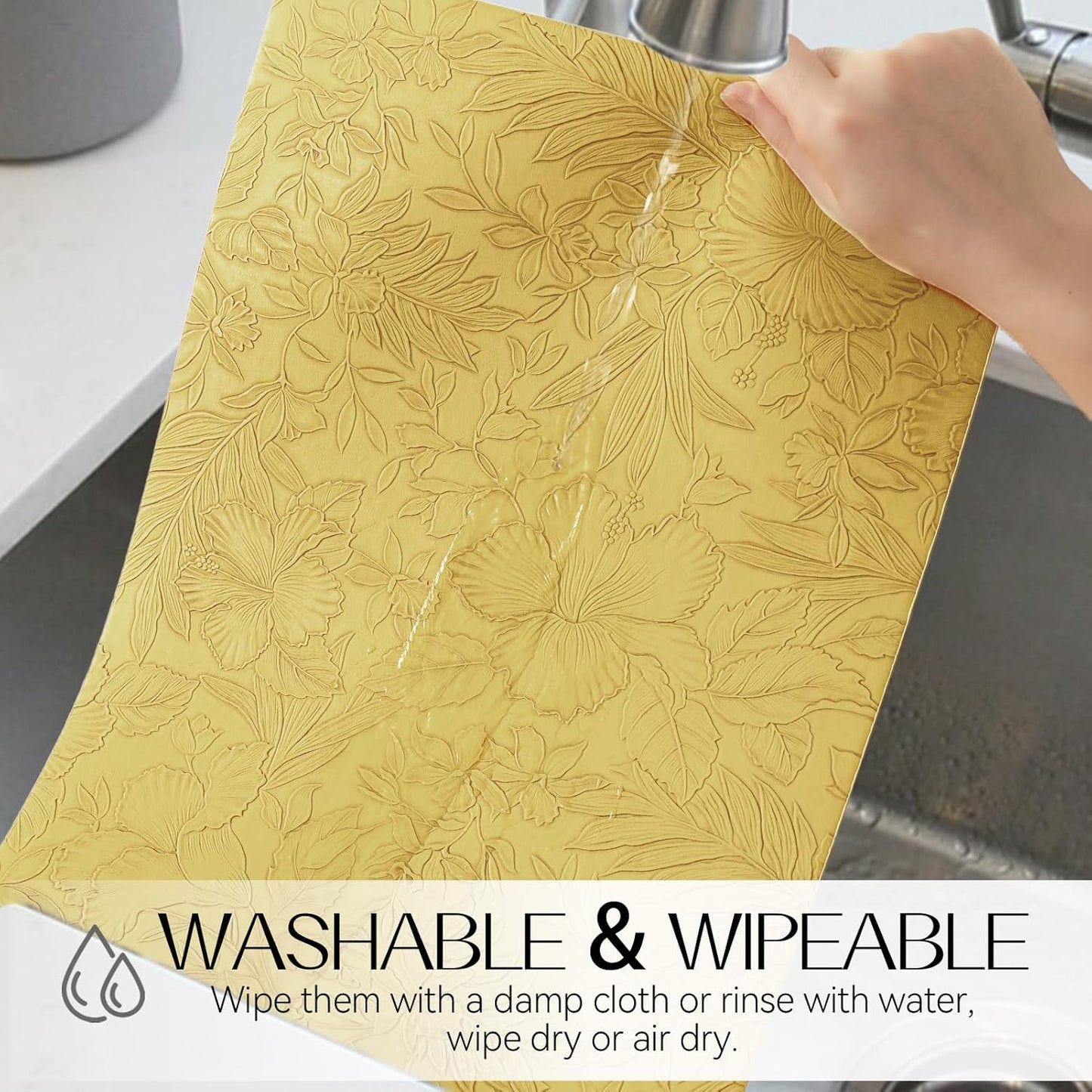 Romanstile Vinyl Placemats Set of 8-12 X 18 Inch - Heat Resistant Non-Slip Embossed Floral Place Mats 100% Waterproof Oilproof Wipeable Faux Leather Table Mats for Kitchen/Dining/Party, Yellow