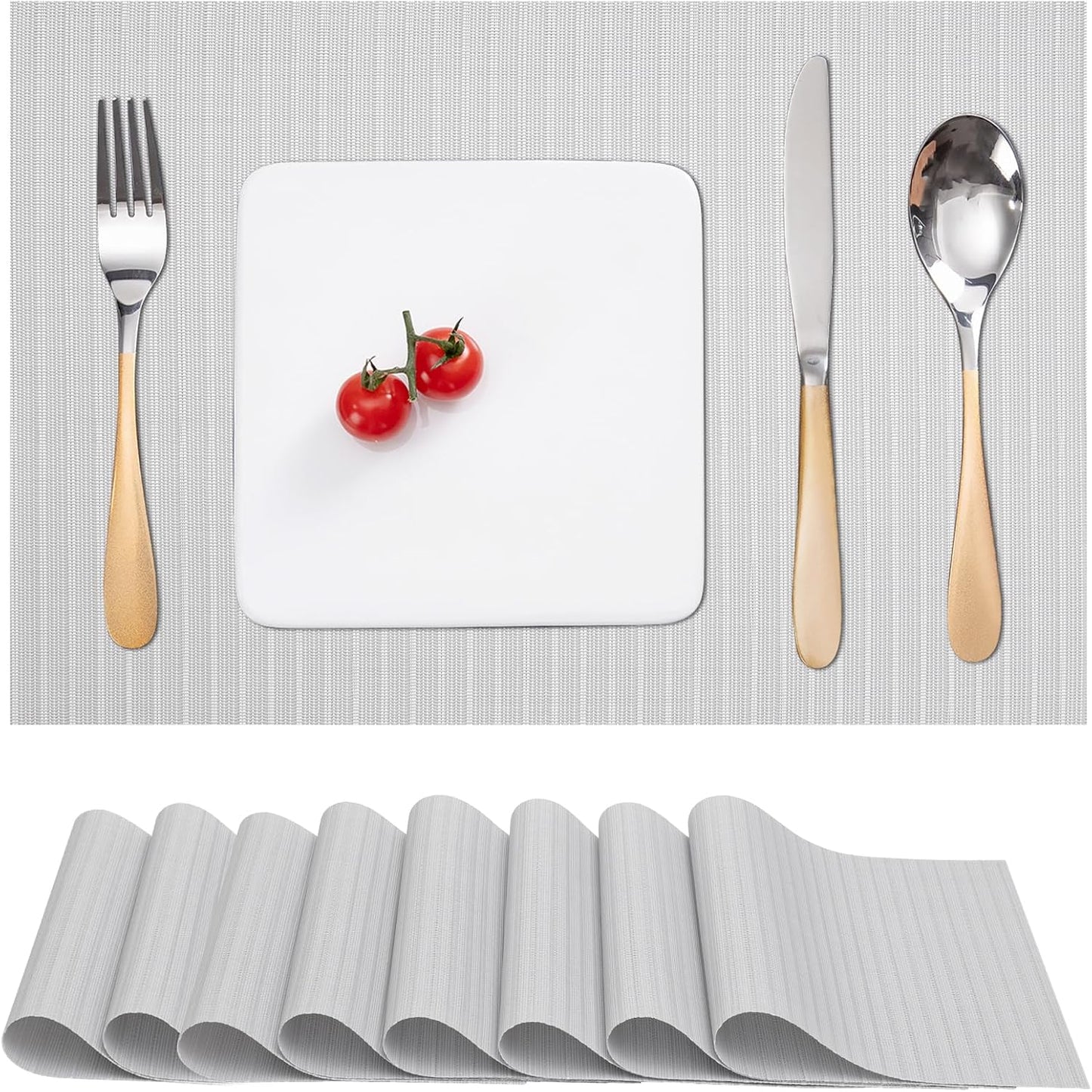 Myir JUN Placemats Set of 8, Vinyl Woven Placemats Place Mats Indoor Set of 8 Washable Table Mats Non-Slip Place mats for Dining Table (White Smoke, Set of 8)