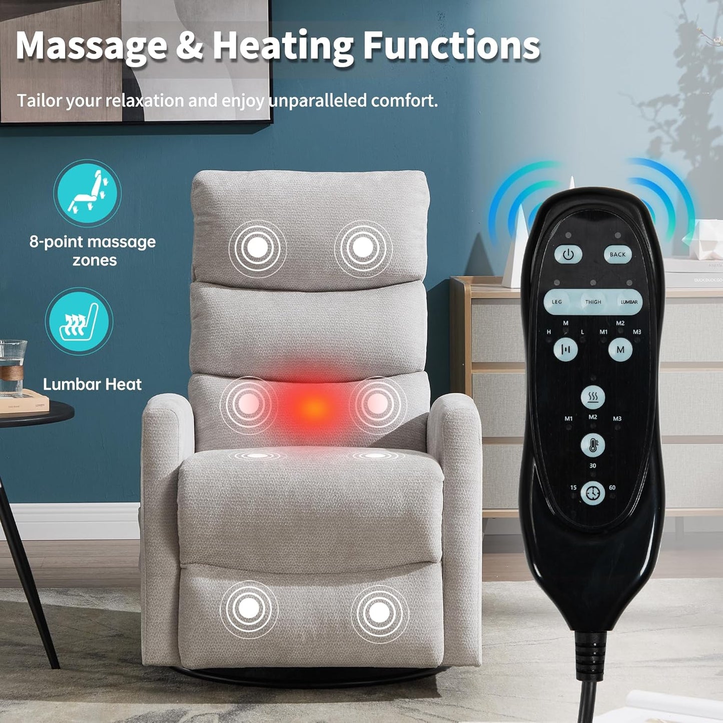 Manual Swivel Rocker Recliner Chair for Adults, Overstuffed Reclining Glider Chair for Nursing with Vibration Massage & Heat, Living Room Rocking Recliner 3-Stage backrest, Chenille Fabric Light Gray