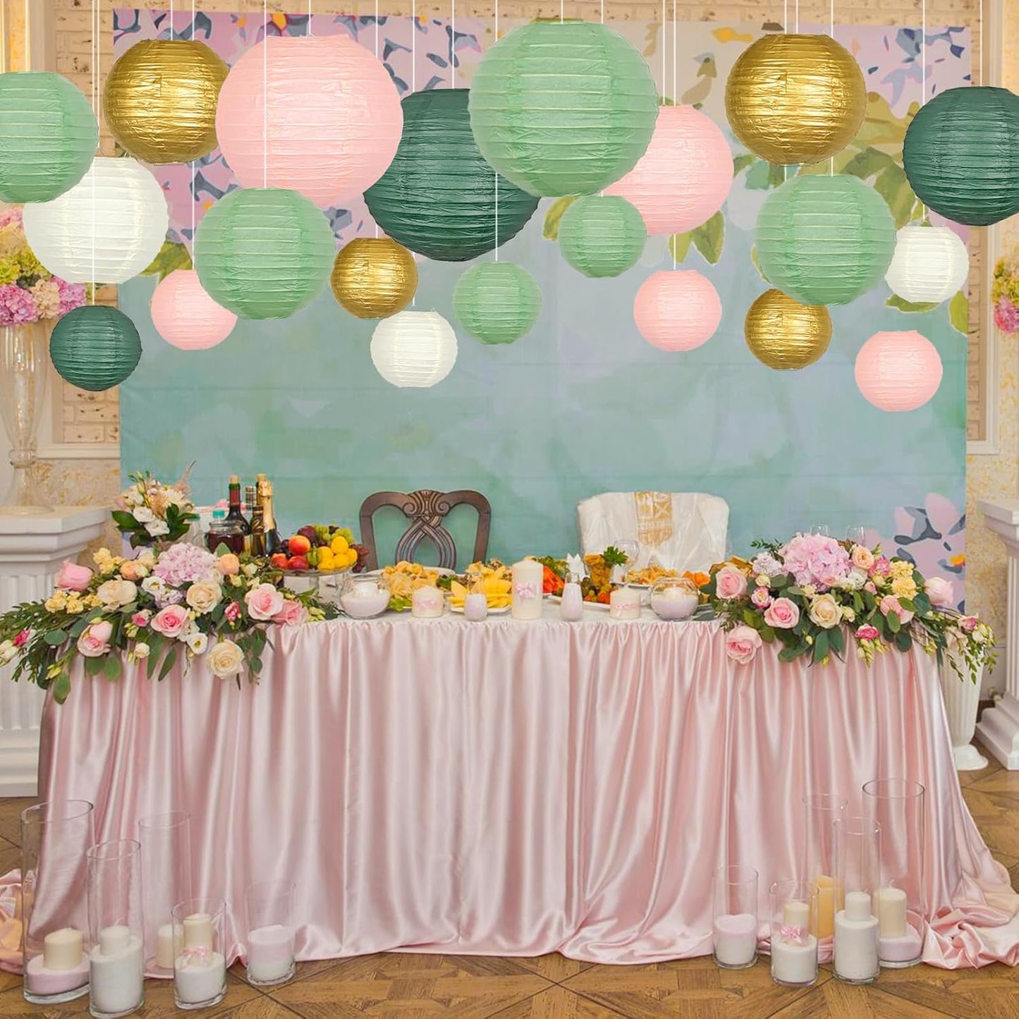 ADLKGG Paper Lanterns Decorative, Round Hanging Paper Lanterns Decorations for Graduation Bridal Shower Wedding Birthday Neutral Baby Shower Decorations Home Decor Sage Green/Pink/Gold 21pcs