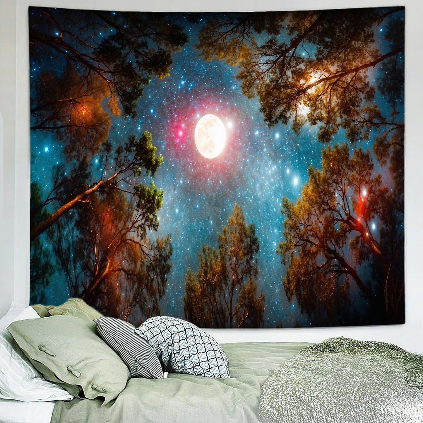 Delur Forest Tapestry Galaxy Moon Stars Night Space Starry Sky Wall Hanging Tapestry Aesthetic Tree Nature Landscape Psychedelic Headboard for Bedroom Living Room Home Decor (70.8" x 92.5")