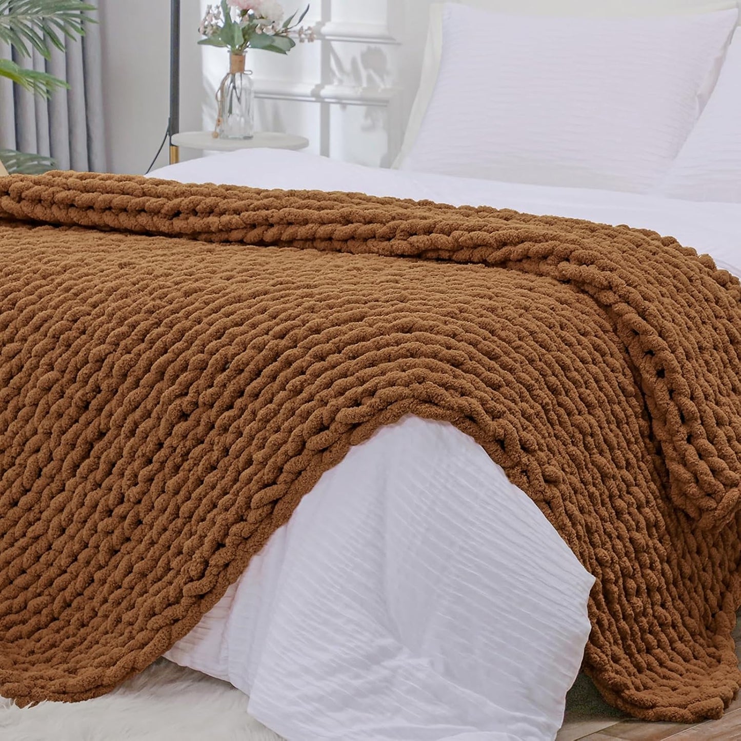Bigacogo Chunky Knit Throw Blanket for Couch, 51x63 inches, 100% Hand Knitted with Thick Jumbo Chenille Yarn, Cozy Soft Large Rope Knot Cable Crochet Blankets for Sofa Bed Living Room, Caramel