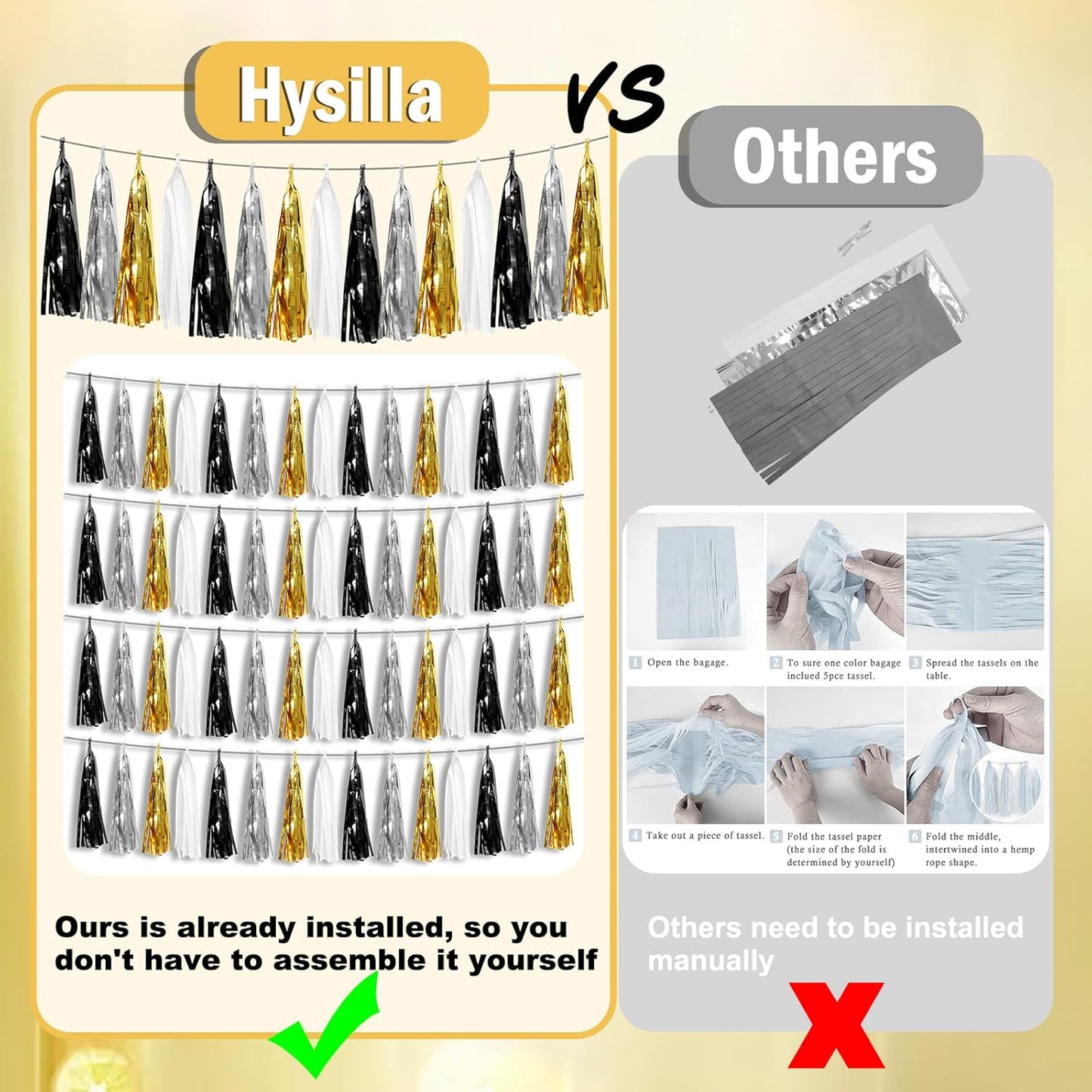 4P Navy-Blue White-Gold Foil Fringe Metallic Tassel-Garland, Tassels Banner Streamers for Parade Floats, Bachelorette, Wedding, Birthday, Halloween, Christmas, Bridal/Baby Shower Party Decorations