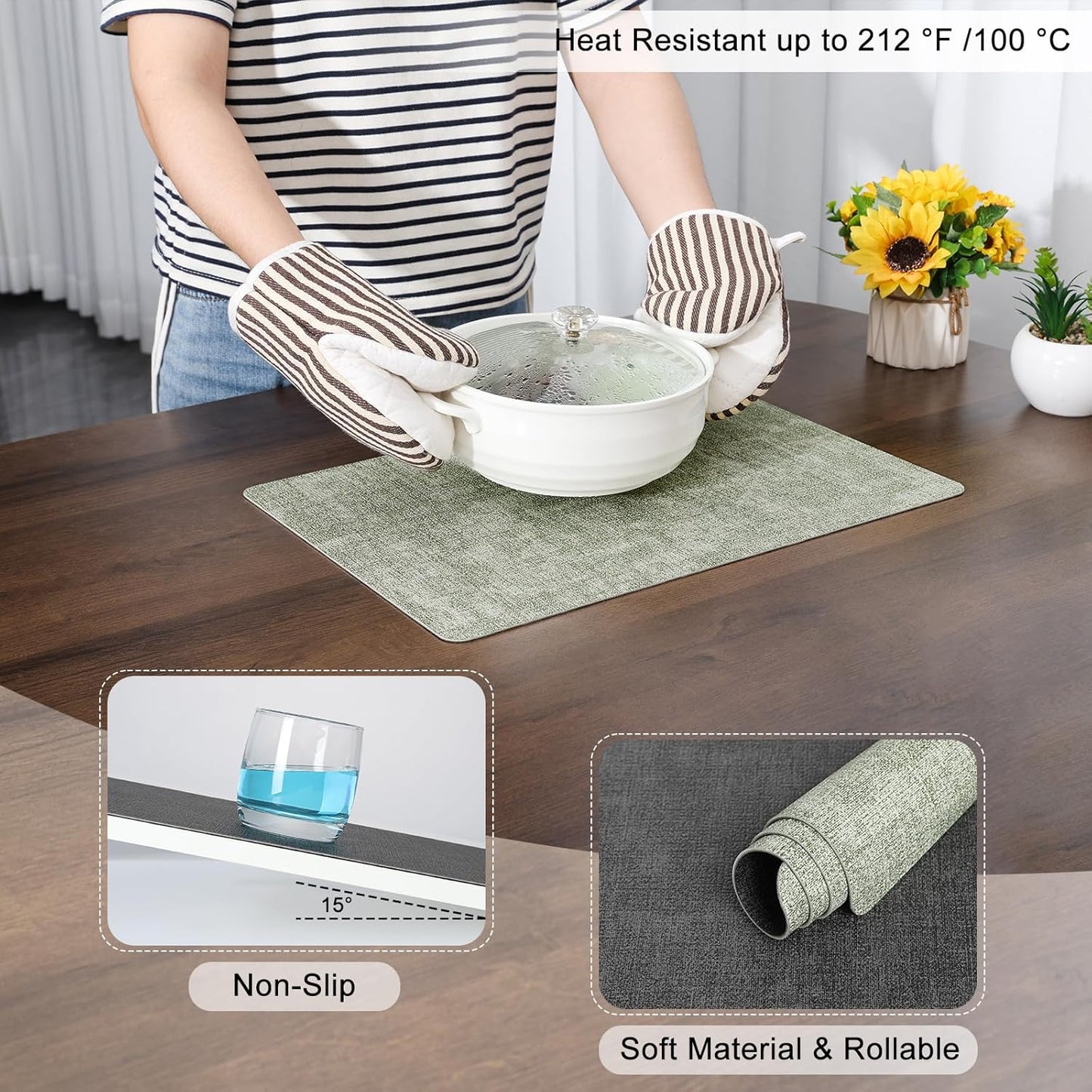 Myir JUN Placemats Dual Sided, Faux Leather Place Mats Set of 8 Indoor Placemats for Dining Table Non-Slip Washable Placemats Heat Resistant Outdoor Table Mats (Set of 8, Gray Grass Green)