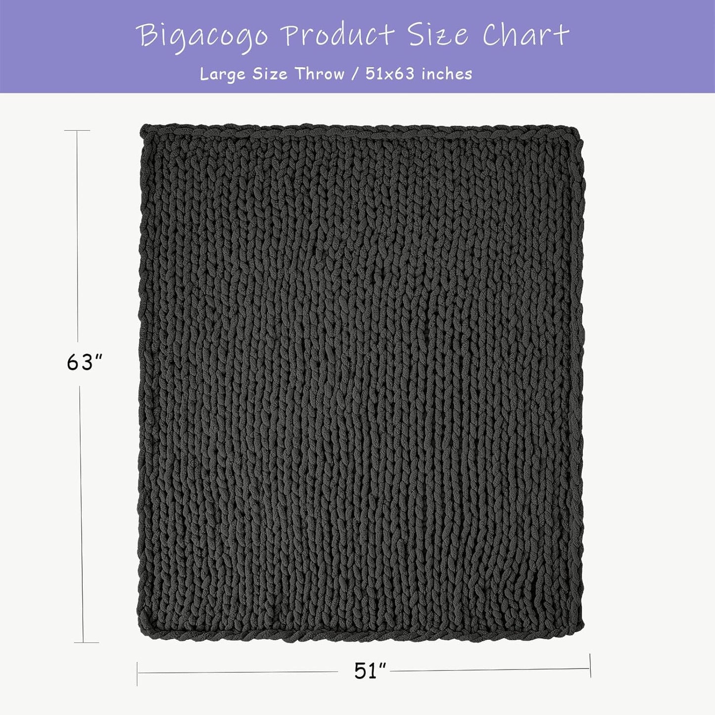 Bigacogo Chunky Knit Throw Blanket for Couch, 51x63 inches, 100% Hand Knitted with Thick Jumbo Chenille Yarn, Cozy Soft Large Rope Knot Cable Crochet Blankets for Sofa Bed Living Room, Dark Grey
