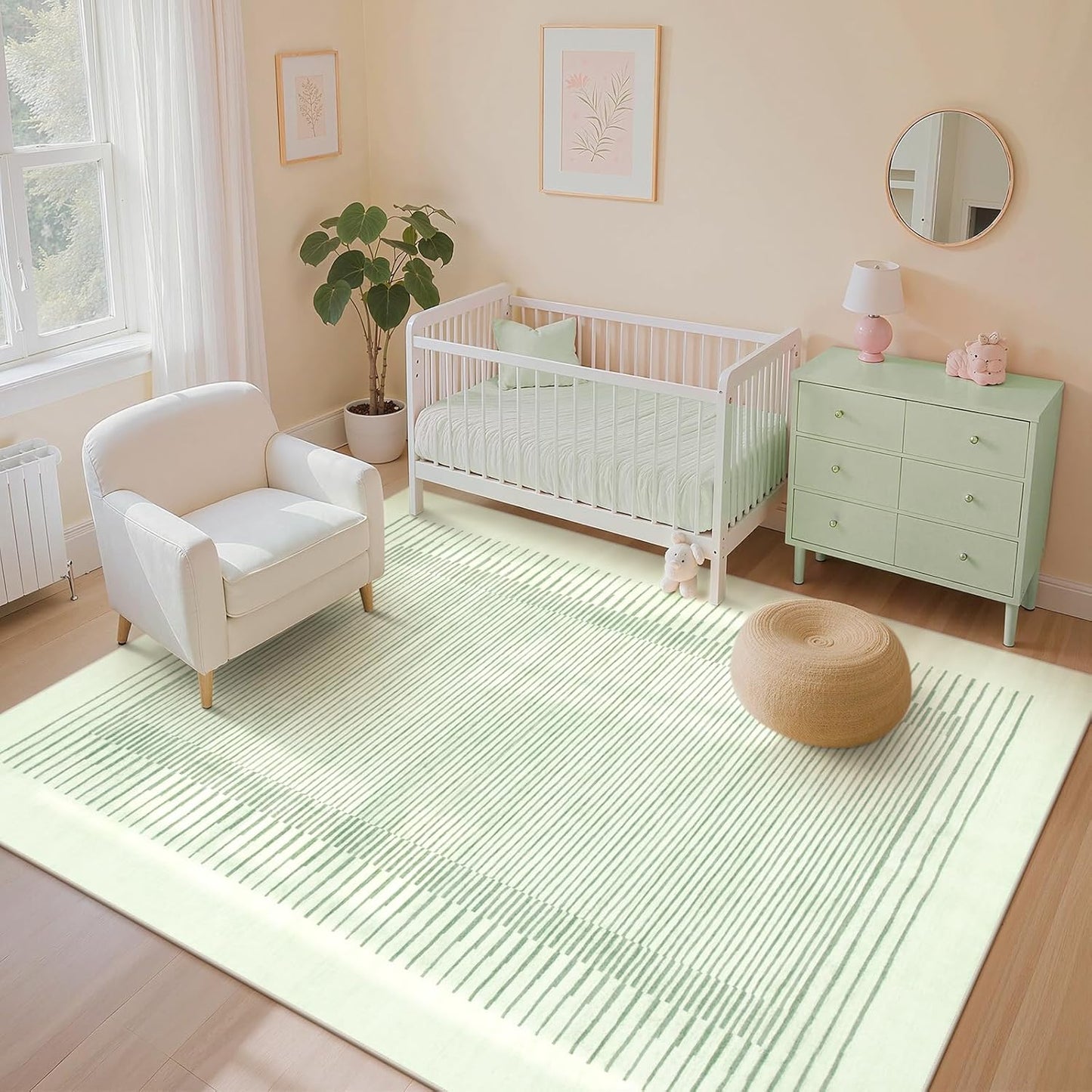Wonnitar Washable Striped 8x10 Rugs for Living Room, Non-Slip Soft Sage Green Bedroom Rug, Low Pile Minimalist Floor Carpet for Nursery Playroom Dining Room Department (Green, 8' x 10')