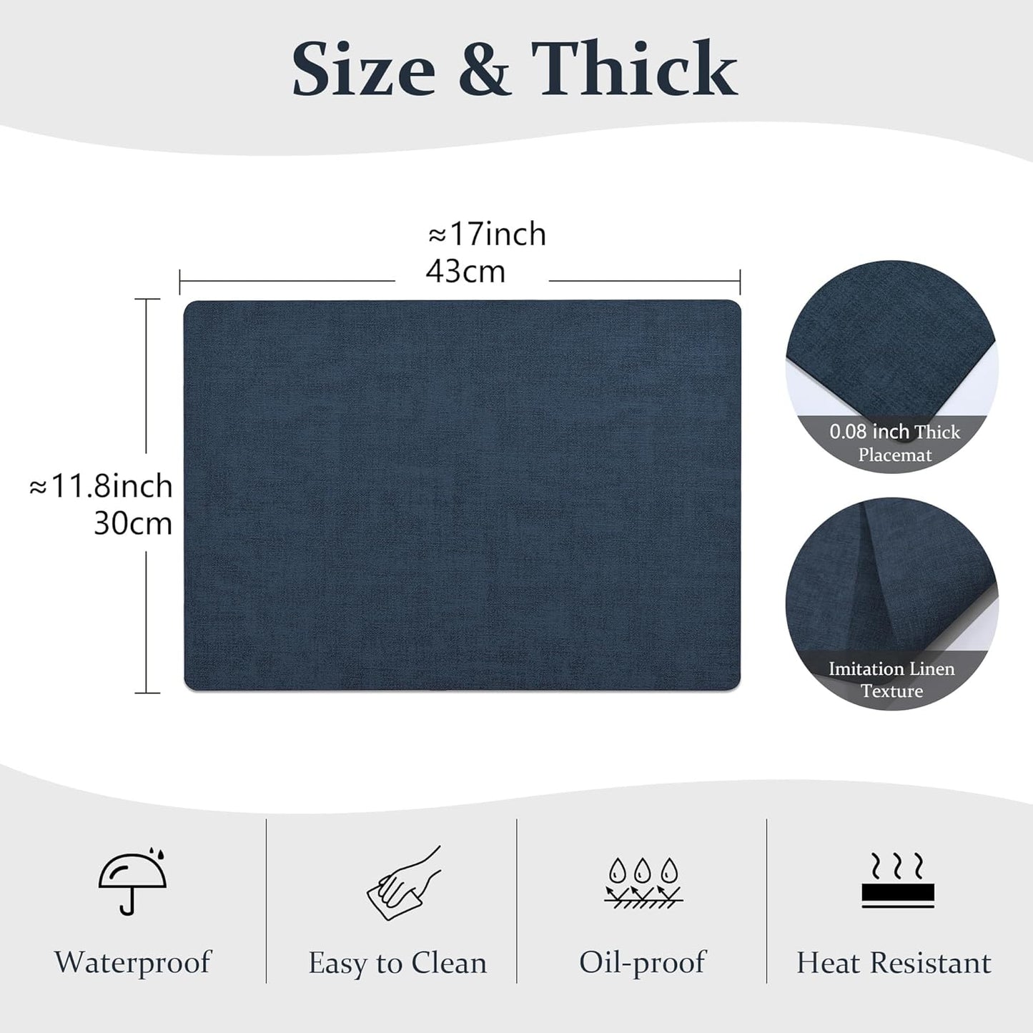 FROMHEART Faux Leather Placemats Set of 6–Waterproof,Heat/Oil Stain-Resistant PU Table Mat–Reversible,Non-Slip,Easy to Clean Place Mats for Kitchen,Dining,Indoor/Outdoor,(Dark Blue,11.8" x 17")