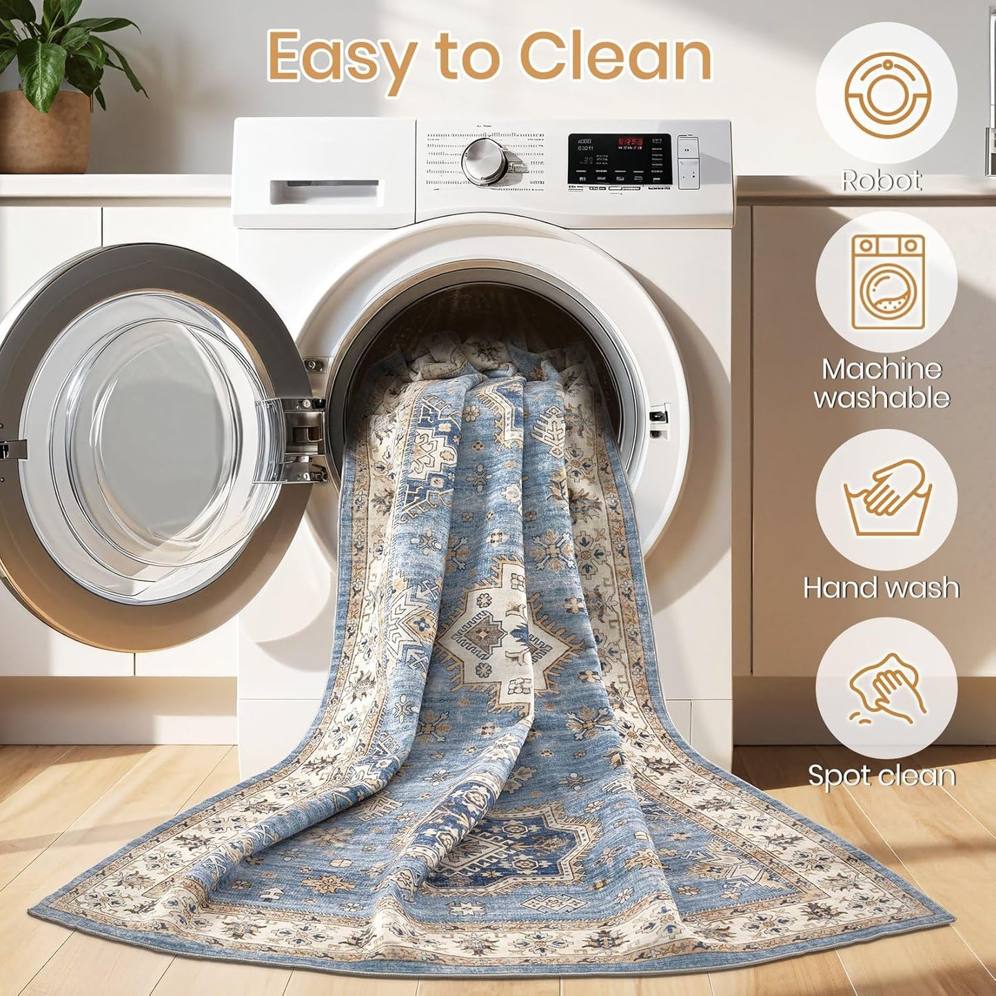 Washable Area Rugs for Living Room -10x12 Neutral Vintage Distressed Floral Farmhouse Boho Large Soft Floor Rug Indoor Non Slip Carpet for Living Room Bedroom Dining Room Office - Blue