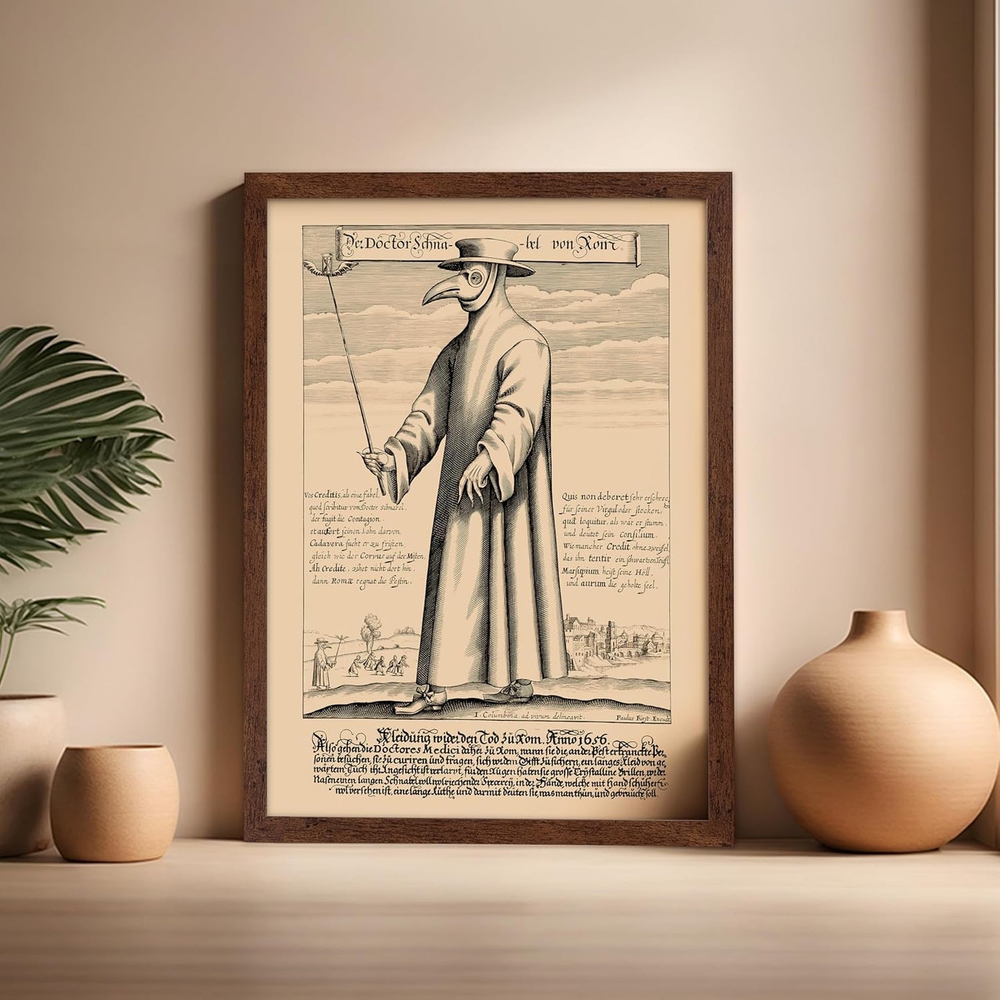 Poster Master Vintage Medieval Poster - Retro Illustration Print - Gift for Friend - Plague Doctor, Pandemic Mask, Physician, Black Death - Wall Decor for Home, Living Room, 16x20 Brown Framed