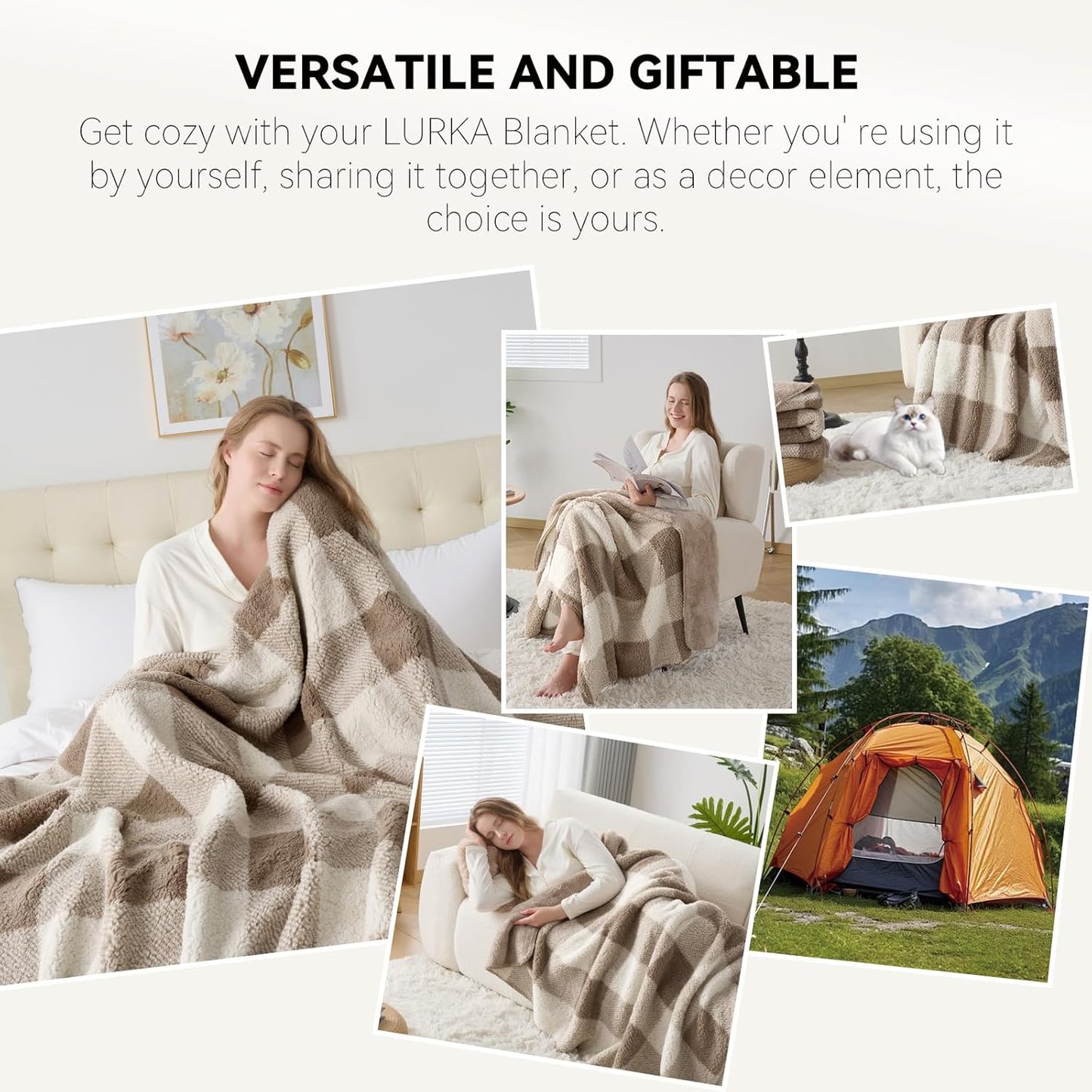 LURKA Checkered Sherpa Fleece Queen-Size Bed Blanket - Extra Thick and Warm Winter Soft Fuzzy Plush Blanket for Couches, Beds & Pets, Khaki, 90x90 Inches