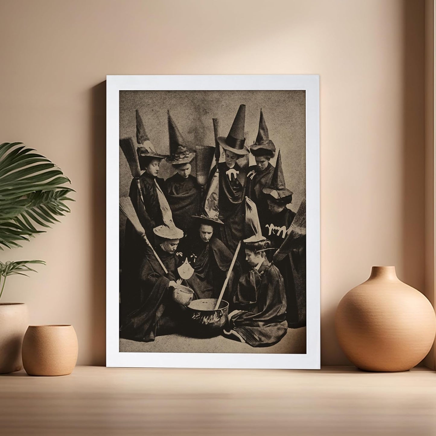 Poster Master Vintage Photograph Poster - Retro Halloween Print - Gift for Artist, Friend - Witches Cooking, Pointy Hats, Broomsticks, Black Magic - Wall Decor for Bedroom, 16x20 White Framed