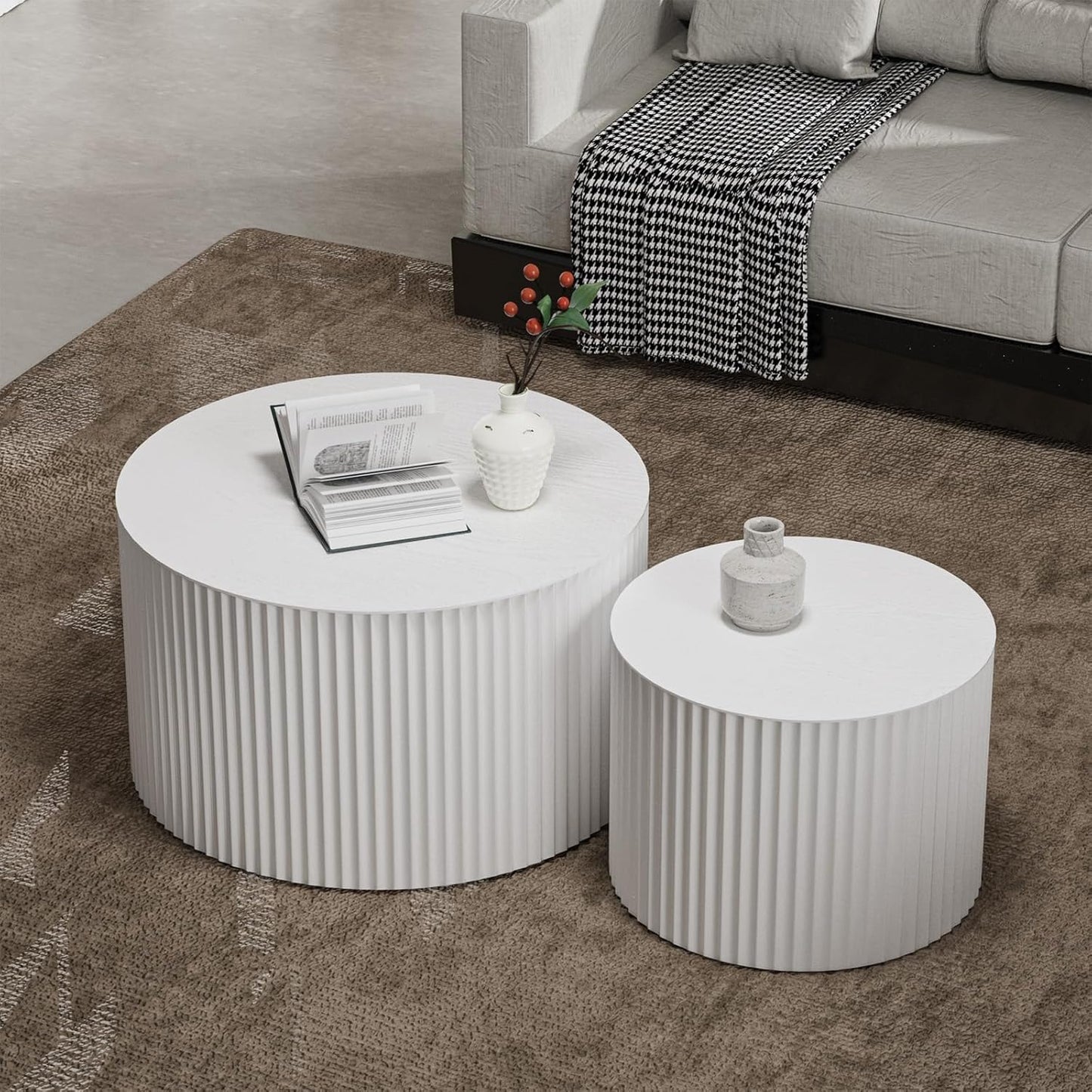 Round Coffee Table Set of 2, Nesting Coffee Table and End Table Set Small Circle Drum Side Table for Living Room Office, No Assembly (B White Large)