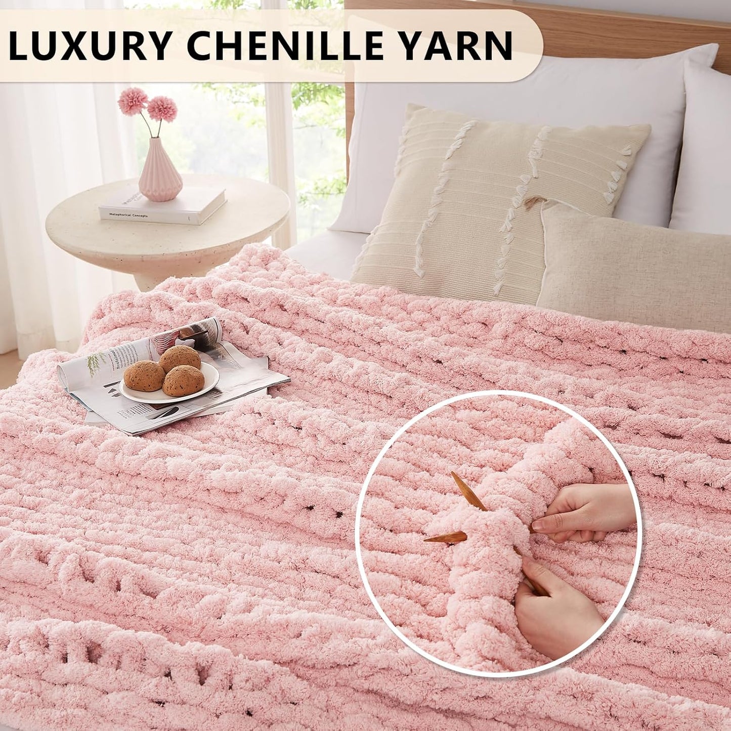 L'AGRATY Chunky Knit Blanket Throw - Soft Chenille Yarn Throw Blanket 60x80: Handmade Thick Cable Knit Crochet Blanket - Large Knit Blanket Chunky Rope Knot Throw Blanket for Couch Sofa Bed Home Decor