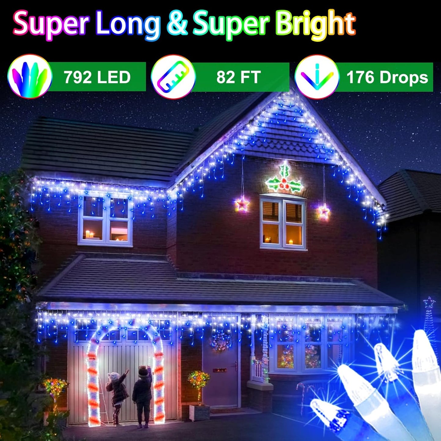 792 LED Christma Lights with 176 Drops, 82ft Outdoor Hanging lights with 8 Modes & Timer Memory, Outsite Waterproof Curtain String Lights for Front House Fence Tree Holiday Decorations Blue & White