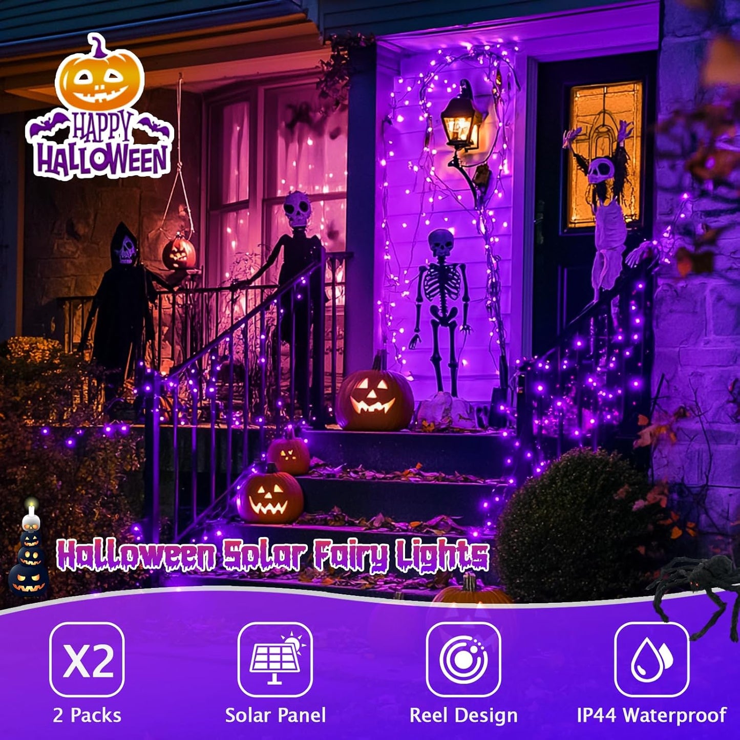 JMEXSUSS 2 Pack Solar Halloween Lights Outdoor, 33ft 100 LED Purple Halloween Lights, Waterproof 8 Modes Purple Solar Light for Outside Tree Garden Patio Christmas Decorations