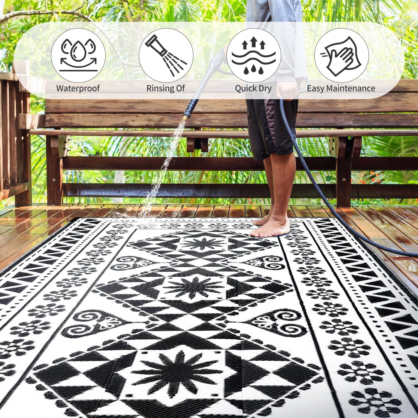 Waterproof Outdoor Rug 6x9ft, Reversible Plastic Straw Mat Rugs for Patio RV Deck Porch Backyard Balcony Camping Picnic Beach Indoor Outdoor Carpet, Black&White