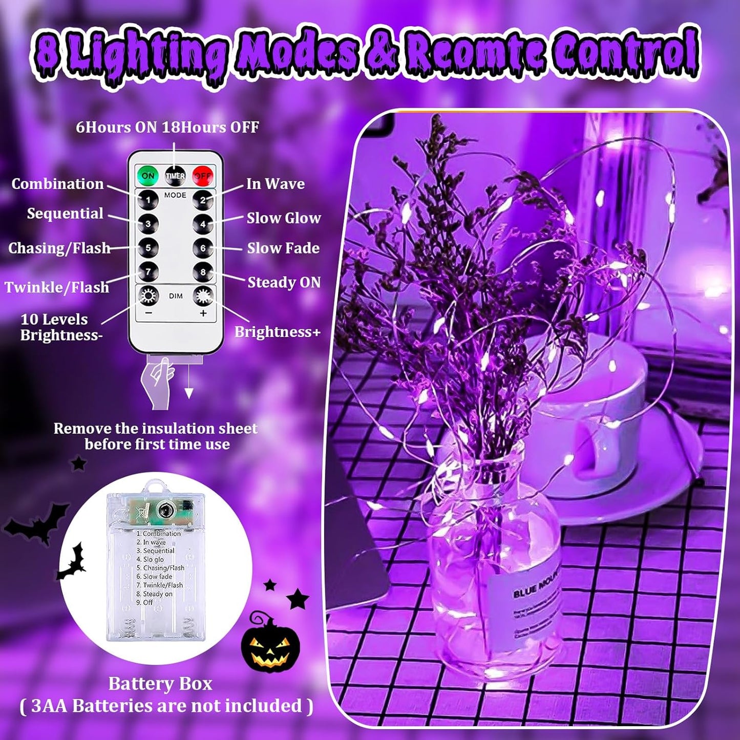 3 Pack Fairy Lights Battery Operated with Remote & Timer, 26 FT 80 LED Halloween String Lights Outdoor Indoor Decoration, 8 Modes Twinkle Lights for Halloween Party Christmas Bedroom Décor (Purple)