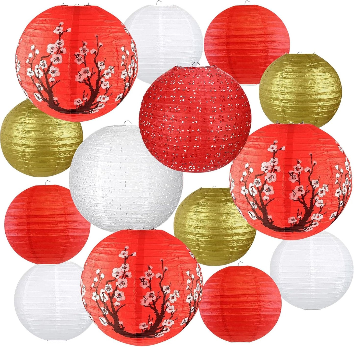 14Pcs Chinese Japanese Paper Lantern Assorted Sizes (8" 10" 12") Hanging Plum Blossom Red White Gold Chinese Lanterns for Chinese New Year Decorations, Lunar New Year, Spring Festival, Home Decor