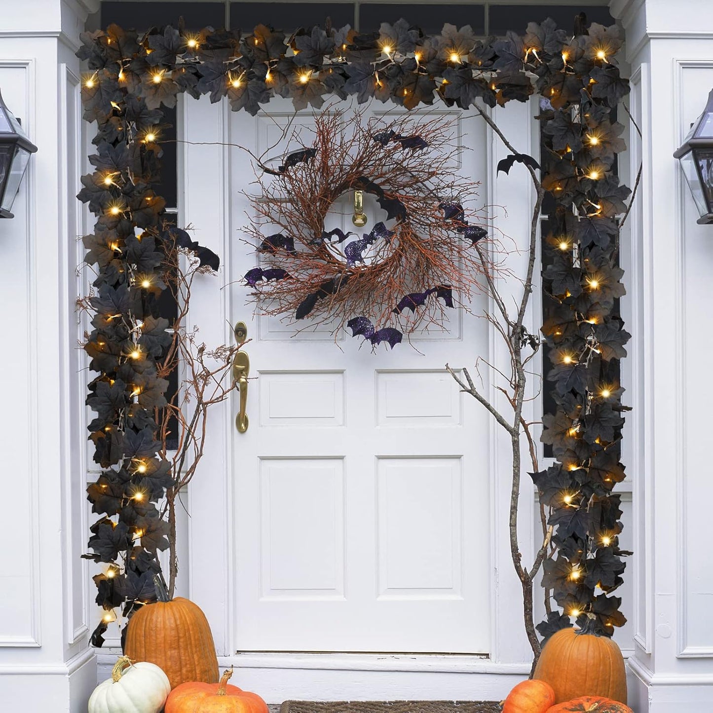 Ouddy Decor 2 Pack Lighted Black Garland Decorations, Total 20 Ft 60 Led Fall Lights Maple Leaves Battery Operated for Indoor Outdoor Thanksgiving Front Door Decor, Warm White