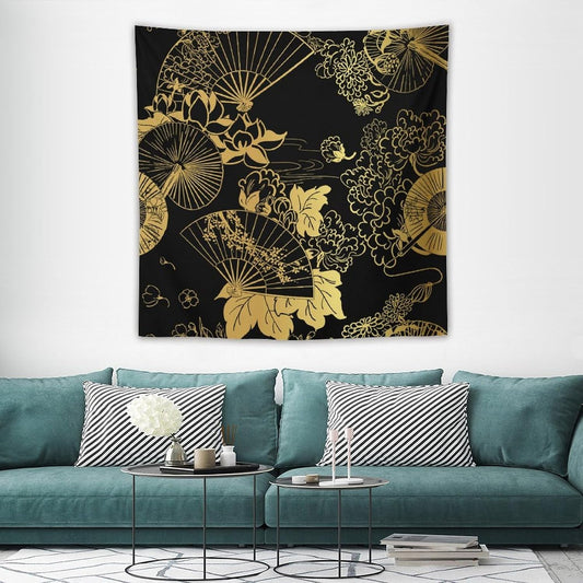 HZOHNAGO Japanese Tapestry Gold Flowers Umbrella Fan Pattern Printed Wall Tapestry Painting Wall Hanging for Bedroom Living Room Dorm 60" W x 60" H